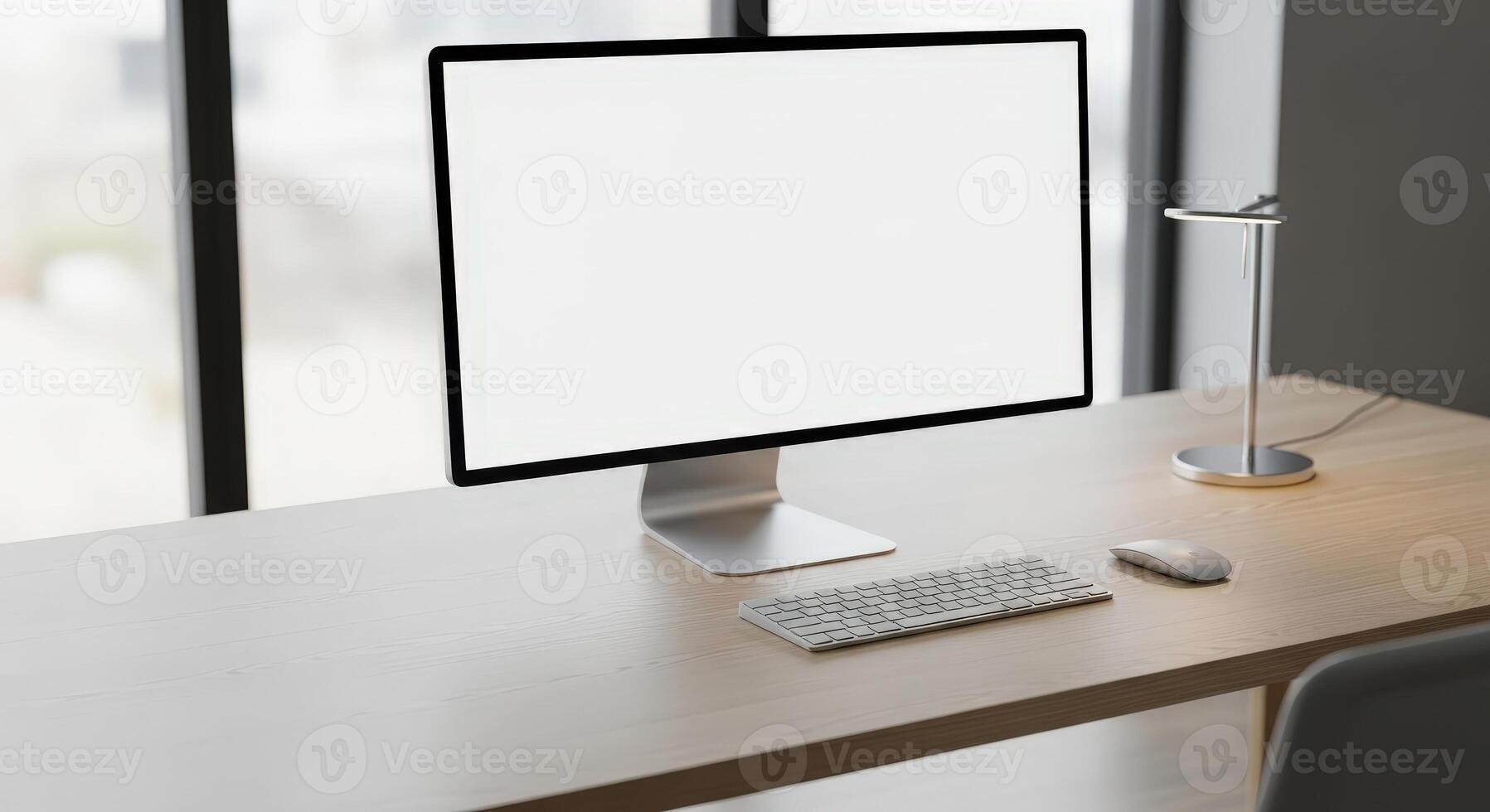 A computer monitor on a desk with a keyboard and mouse photo