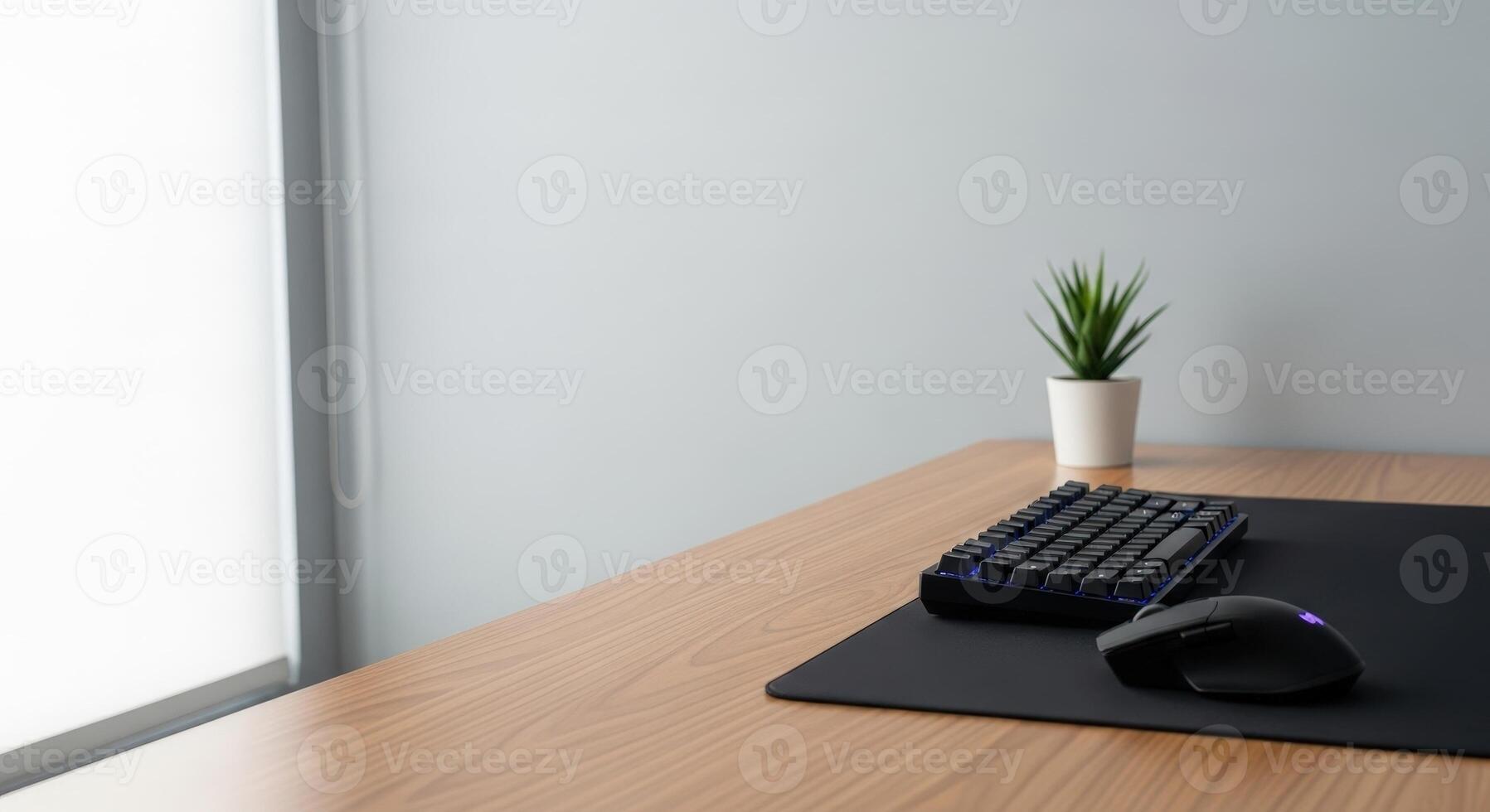 A black mouse and keyboard on a desk photo