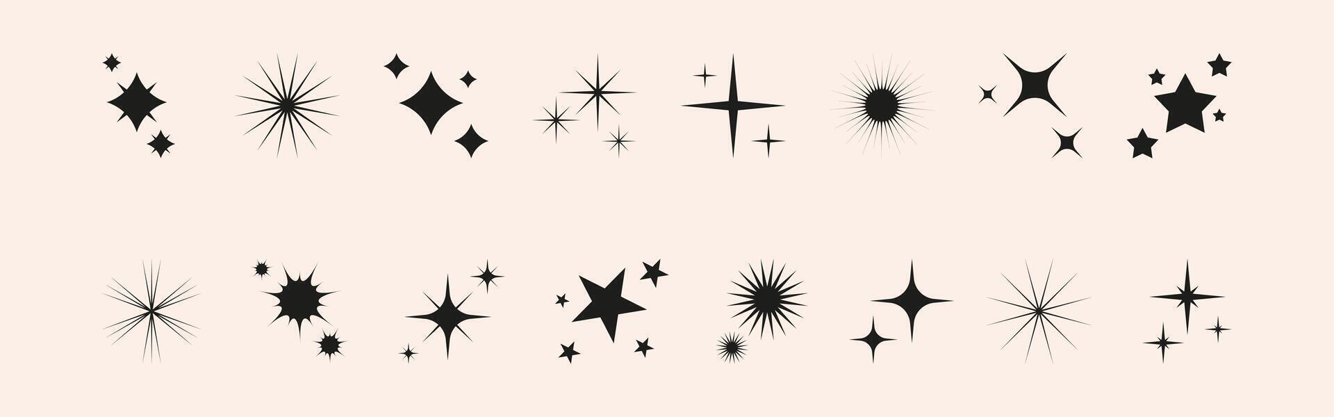 Set of icon glitter star, sparkle sun. Abstract shapes explosion, glow and blink effects for celebrate party design. Twinkle shiny and flash graphic elements. Isolated illustrations. vector