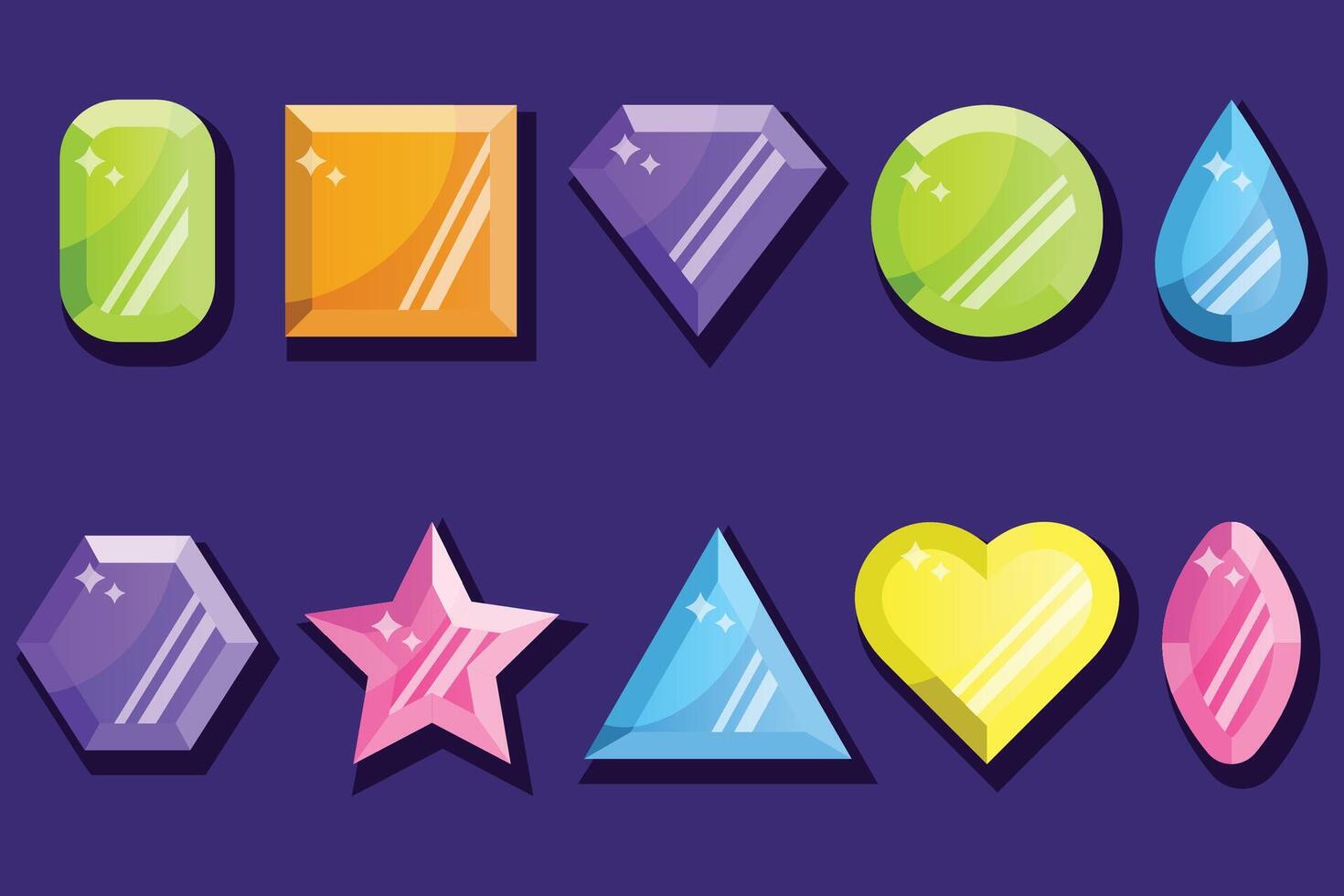 illustration of a set of gemstones of various shapes. Heart, circle, rhombus, star, triangle, square, drop. vector