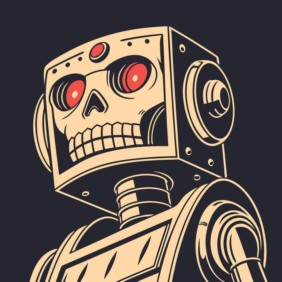 Close-up of a robot. with glowing red eyes and a skull-like face. set against a dark background vector