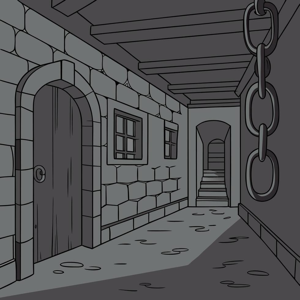 A dimly lit hallway with a chain hanging from the ceiling. Photorealistic AI. Cellar with chains vector