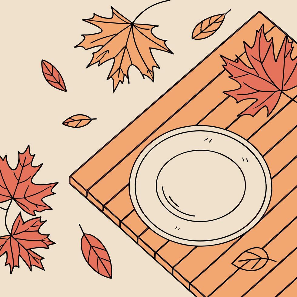 Beautiful background of an autumn table made of boards and an empty white plate top view with a vector