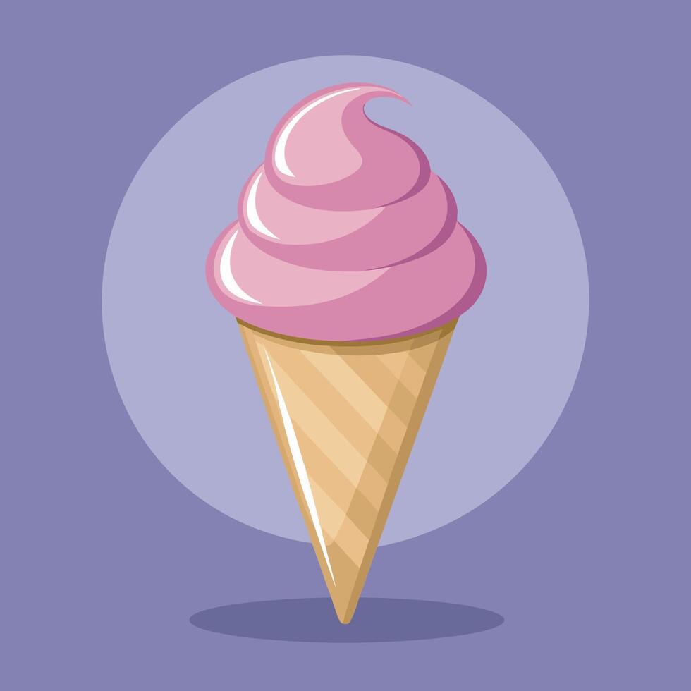 A delicious pink soft serve ice cream cone in a waffle cone with a purple background vector