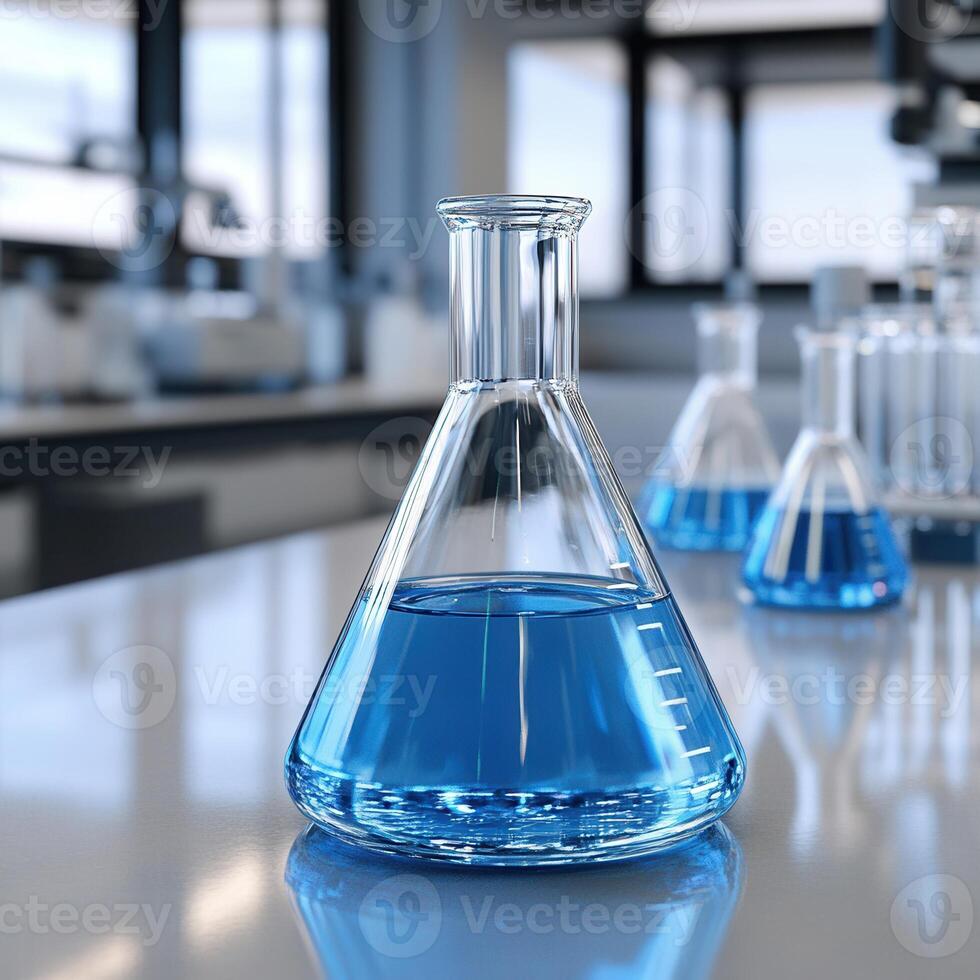 Clean laboratory setting with transparent liquid reagents in flasks on a bright surface showcasing scientific experimentation and research activities photo