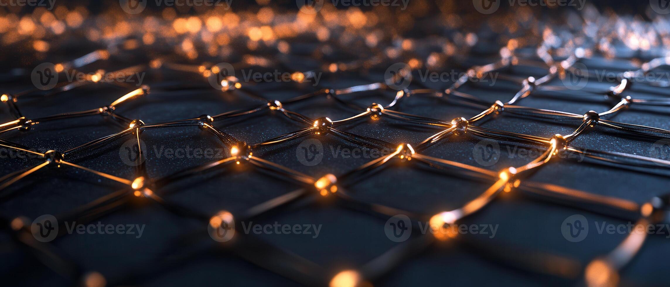Digital lattice formed by glowing light particles creating a vibrant network on a dark surface in an abstract setting photo
