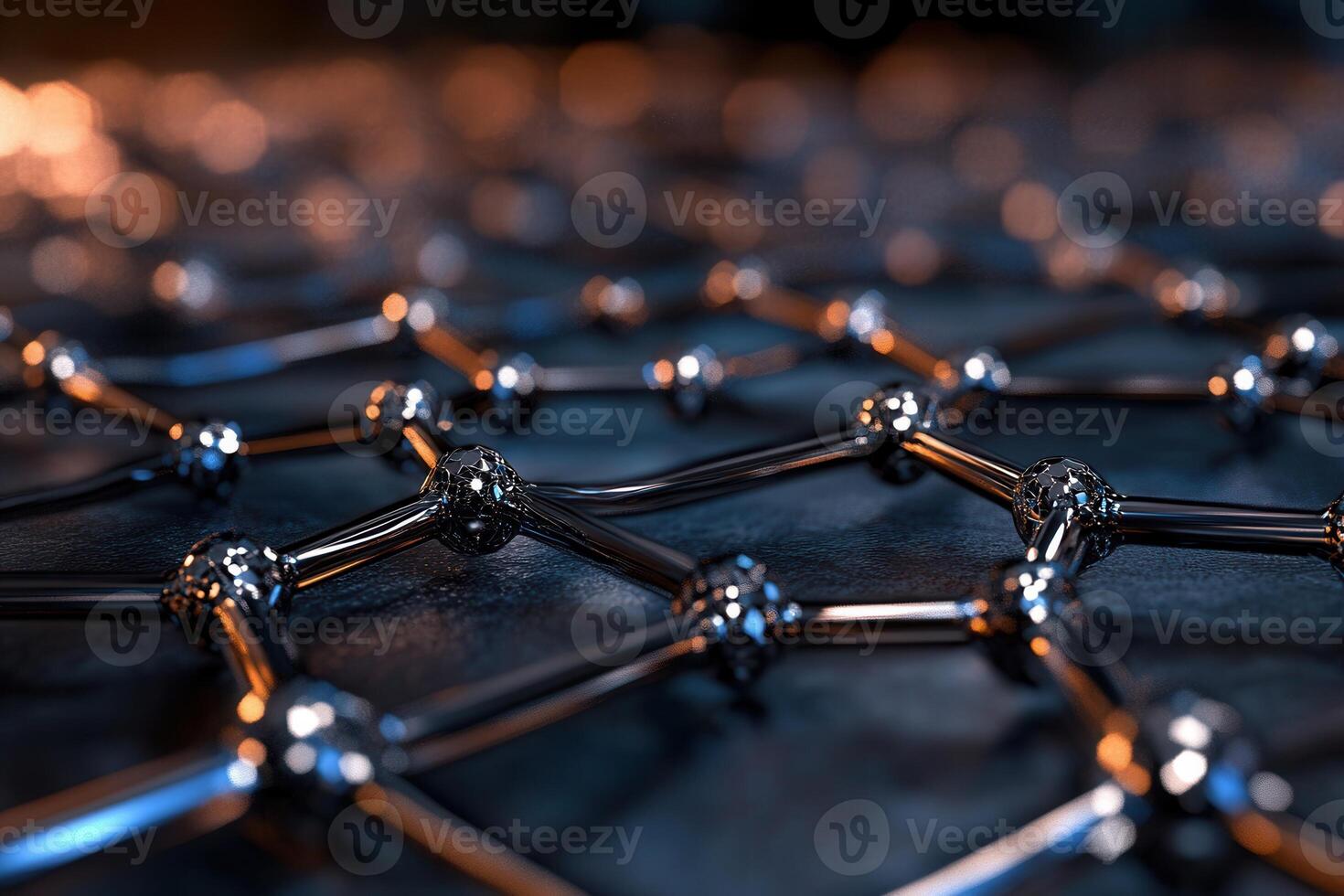 Photorealistic detail of a graphene sheet pattern featuring intricate connections and a dark background photo