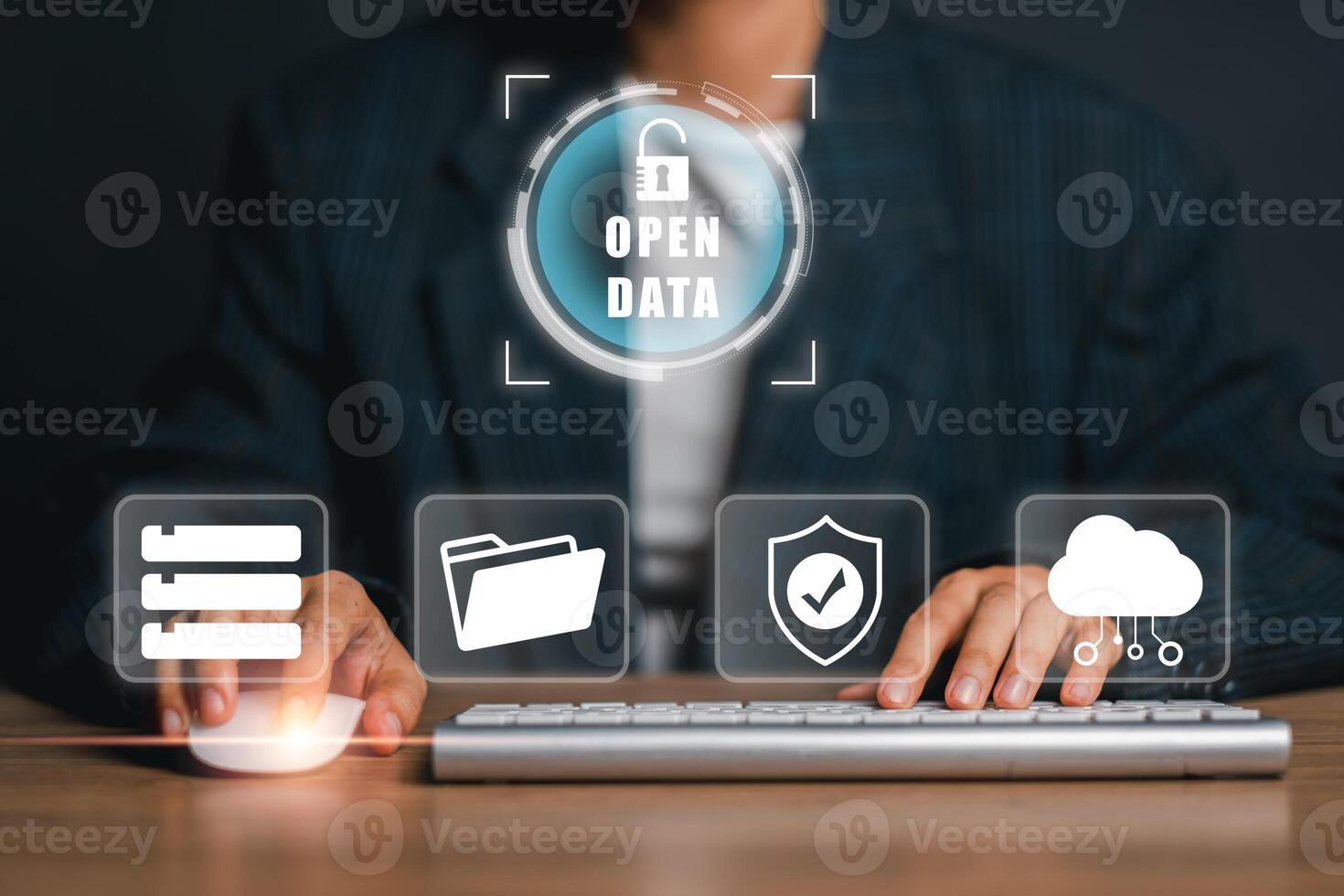 Visual representation of open data concept with digital icons, emphasizing transparency, innovation, and accessibility in technology. photo