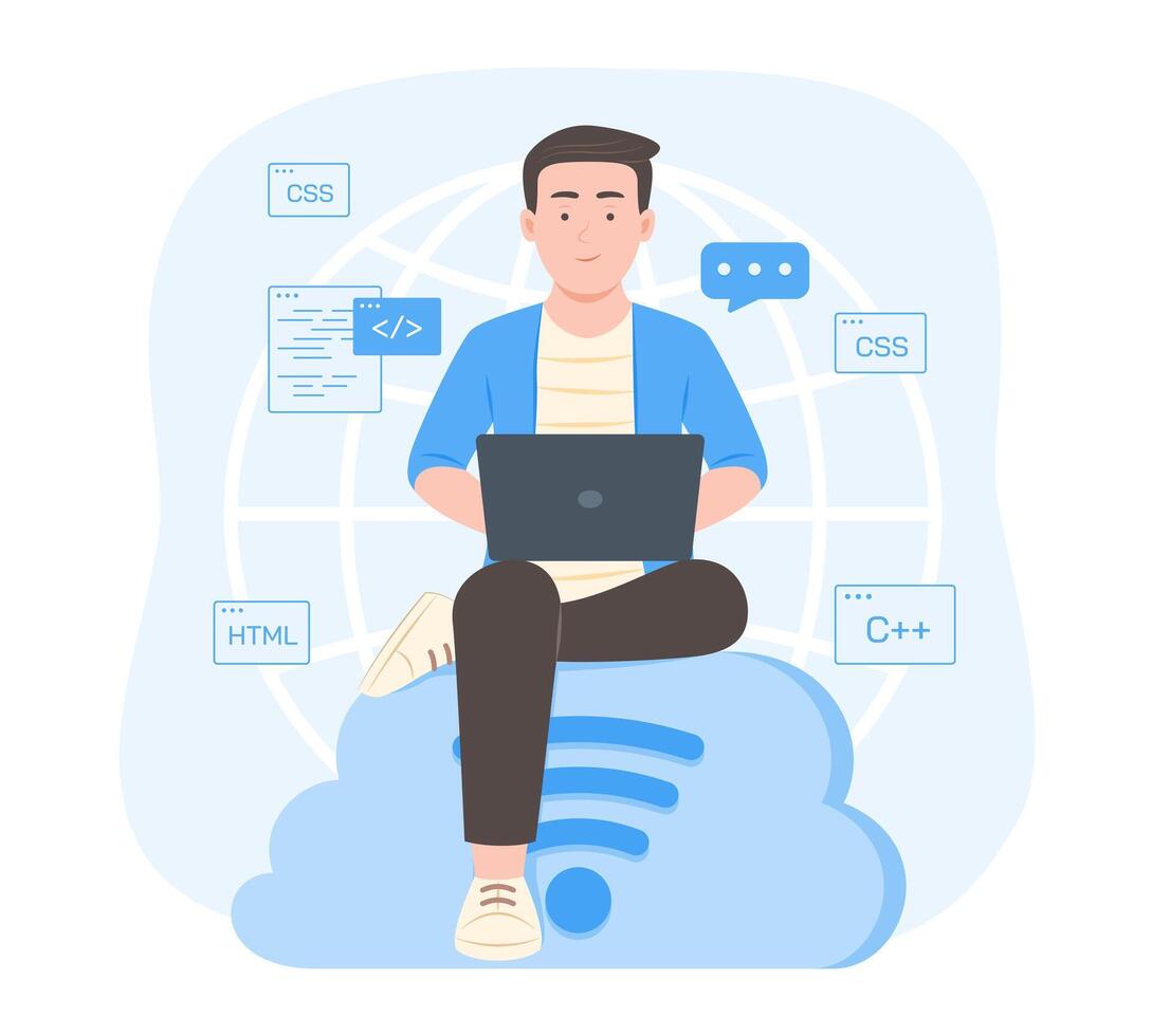 programador hombre sentado en nube informática símbolo y proceso codificación en ordenador portátil computadora para software desarrollo concepto ilustración vector