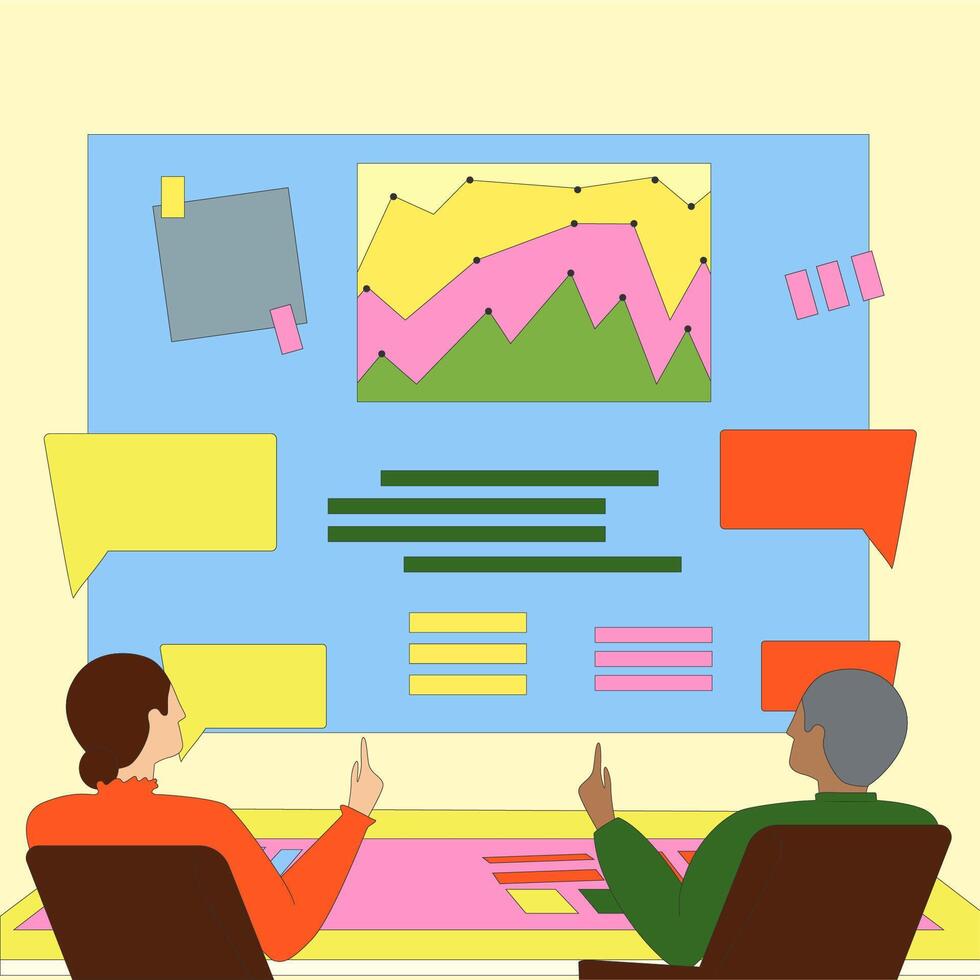 Hand-drawn office work. Office workers sit at a large workstation with graphs and data. Two people are working and chatting. Hand-drawn image. vector