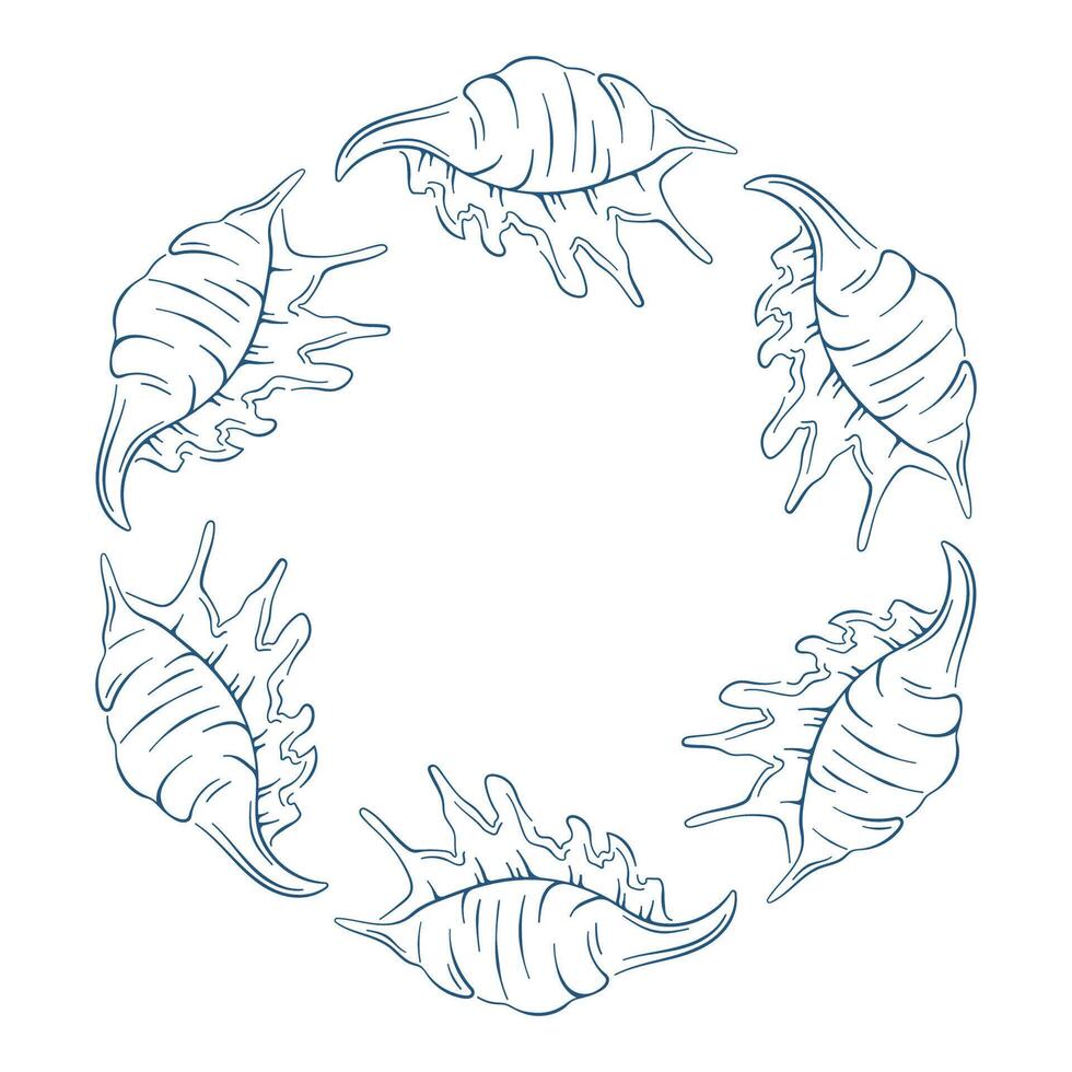 Seashell border frame with murex shell arranged in circle in line art style. Ocean or marine life illustration for greeting card, banner, poster design. vector