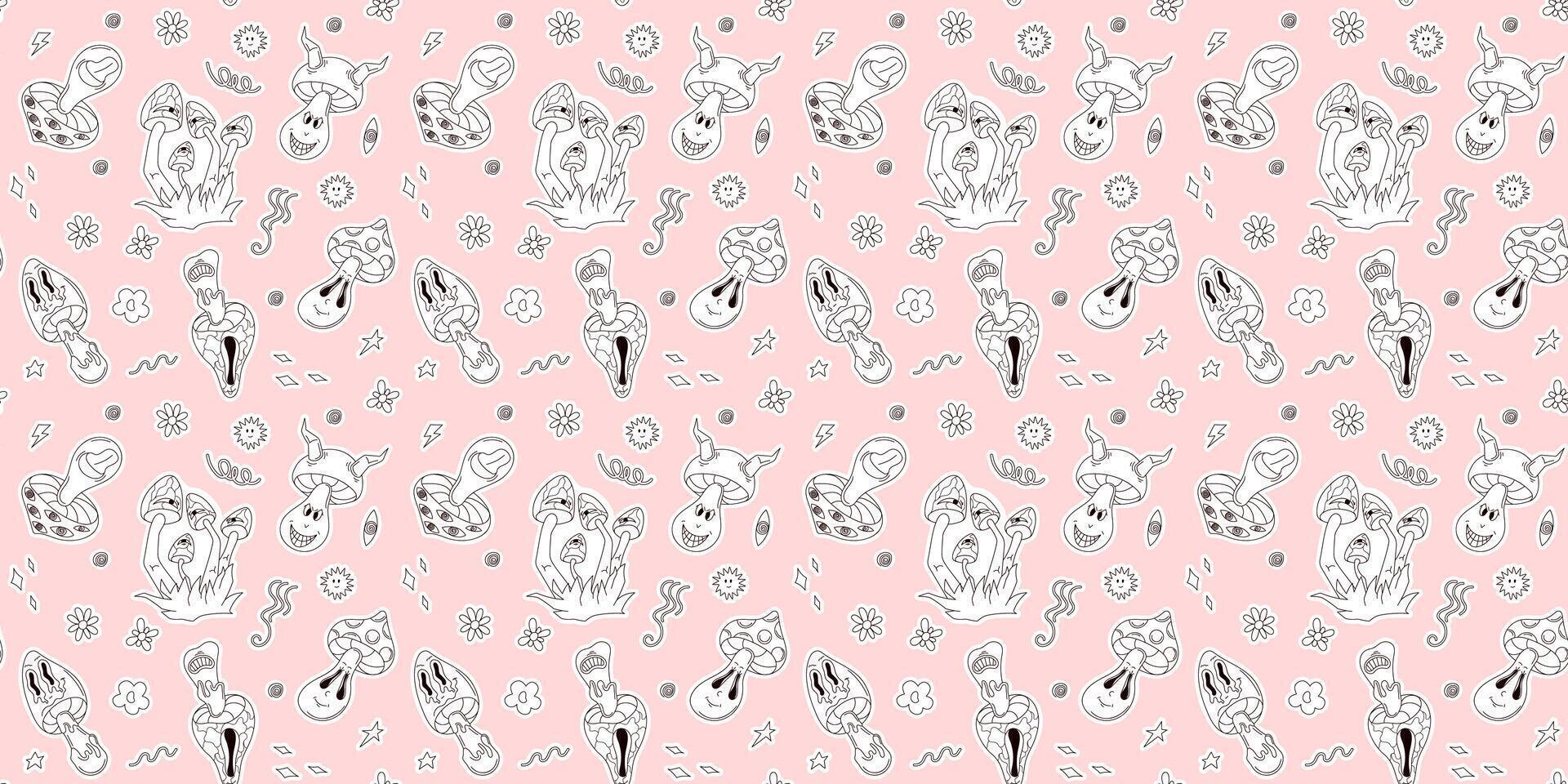 Psychedelic groovy mushroom seamless character pattern in groovy line art style. Funny character and abstract element wallpaper print, 90s graphic art background. vector