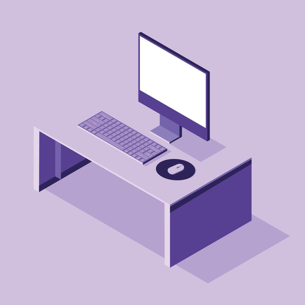 Isometric Desktop Working Space Illustration with Computer and Keyboard vector
