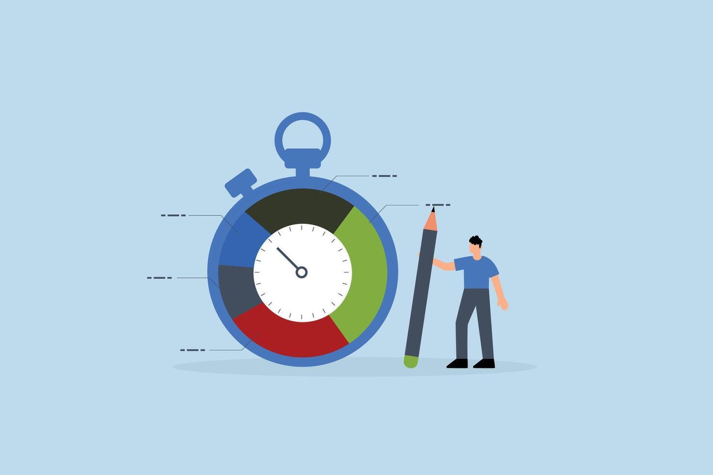 Time tracking system, businessman stands with stopwatch timer and time spent pie chart vector