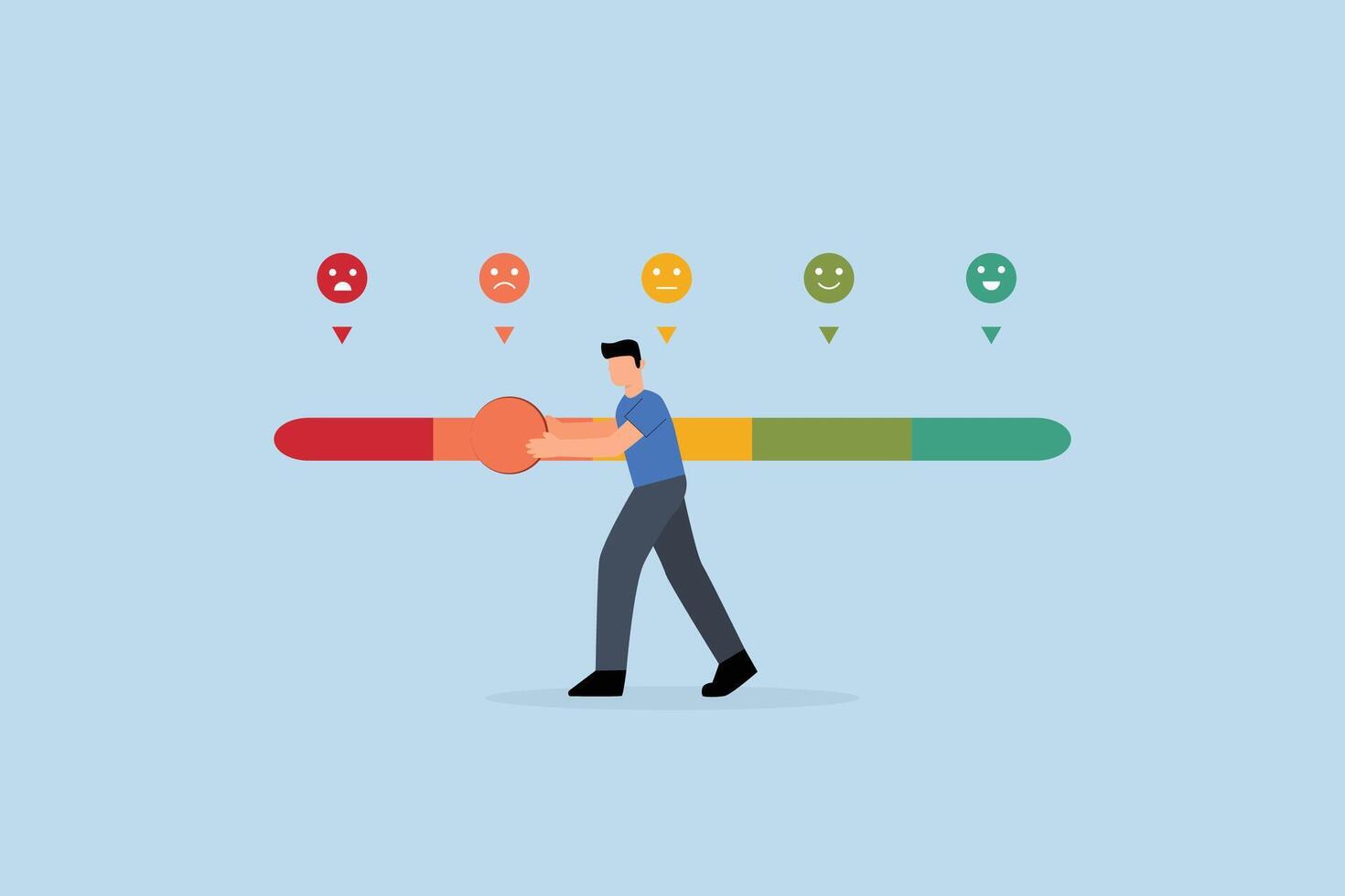 Dissatisfaction, man pushing rating bar to dissatisfaction level, vector