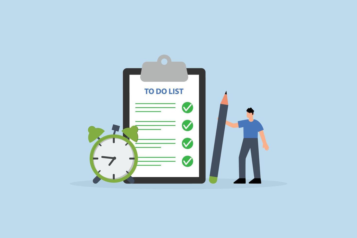 To do list, efficient entrepreneur with notepad and task list clipboard accompanied by timer vector