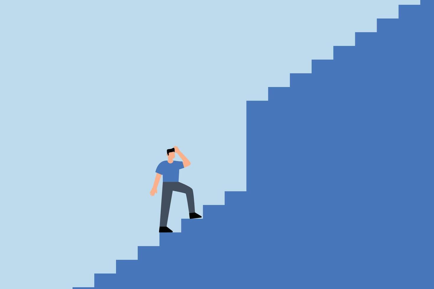 Challenge to overcome difficulty, businessman walk up stair to find huge difficult step vector