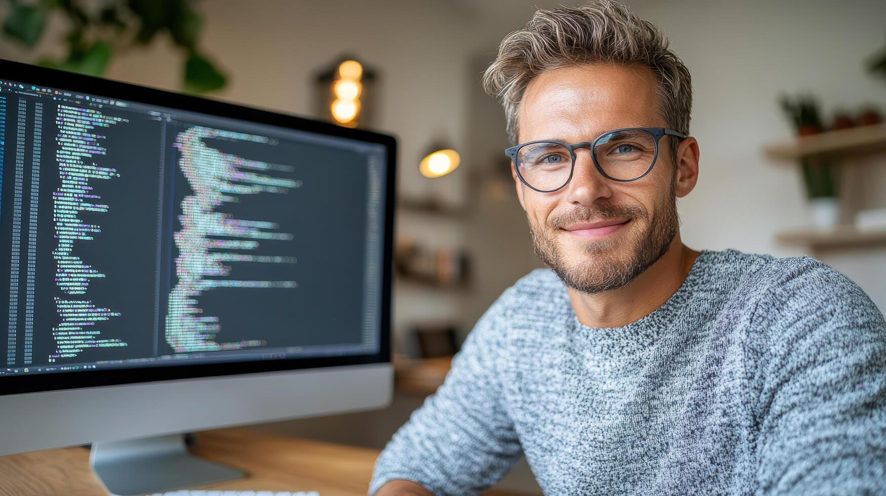 A man in glasses is sitting in front of a computer screen photo