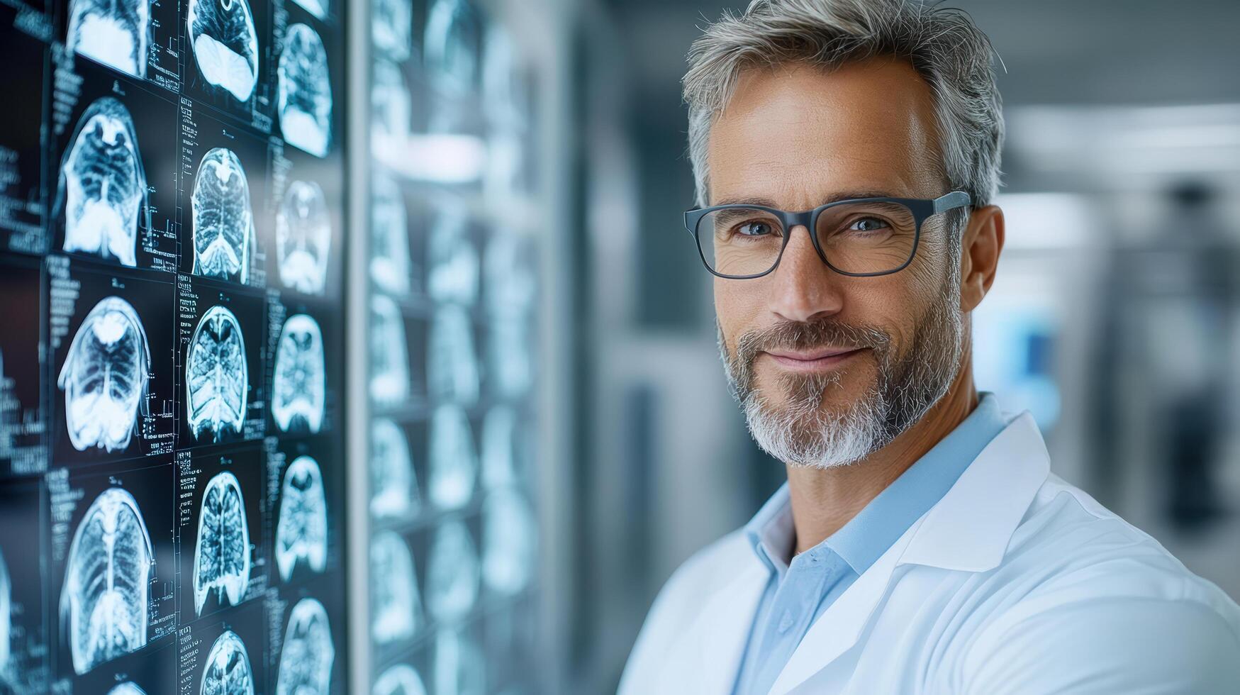 A man in a lab coat and glasses standing in front of a mri image photo