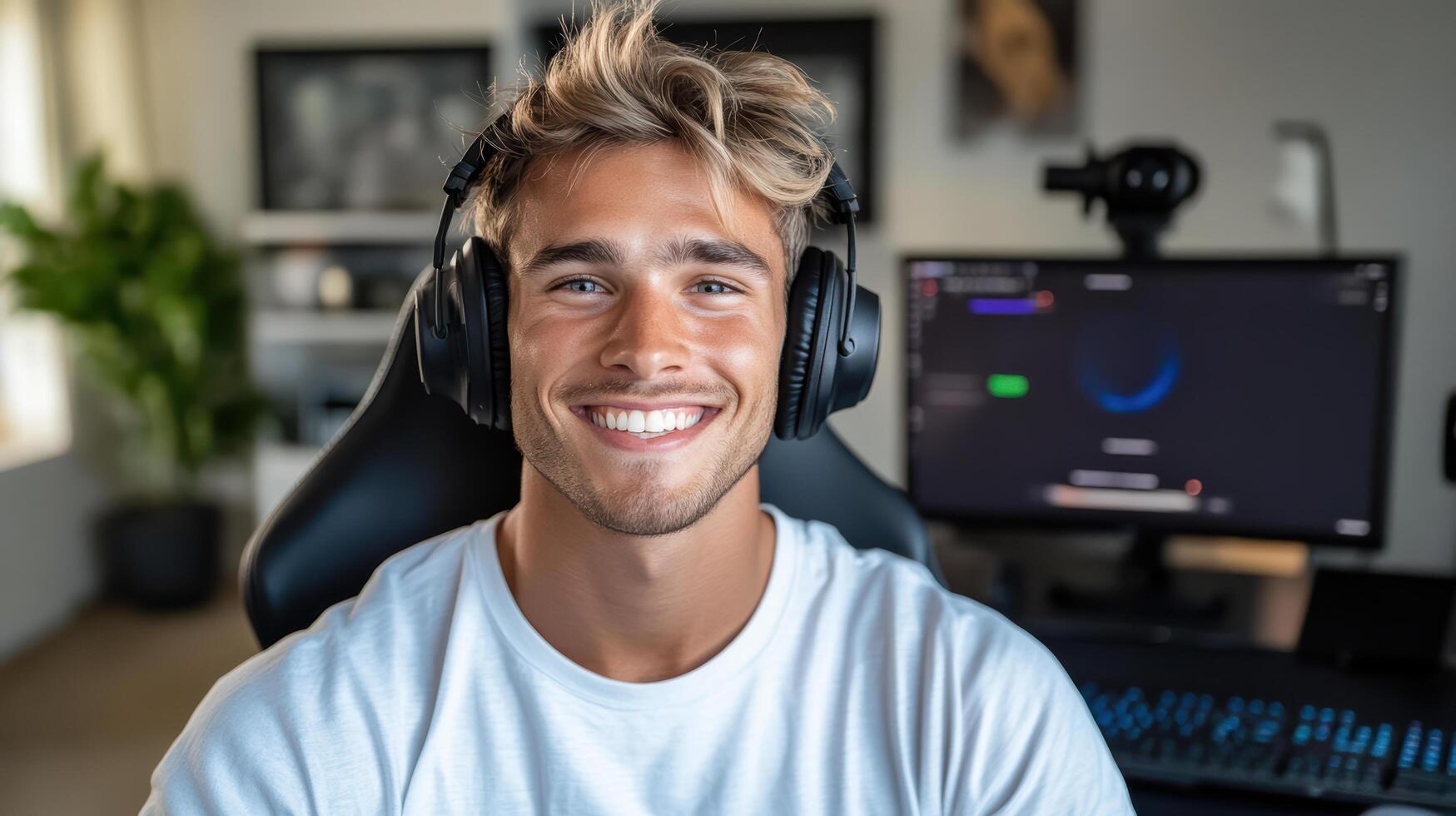 A man wearing headphones is smiling while sitting in front of a computer photo