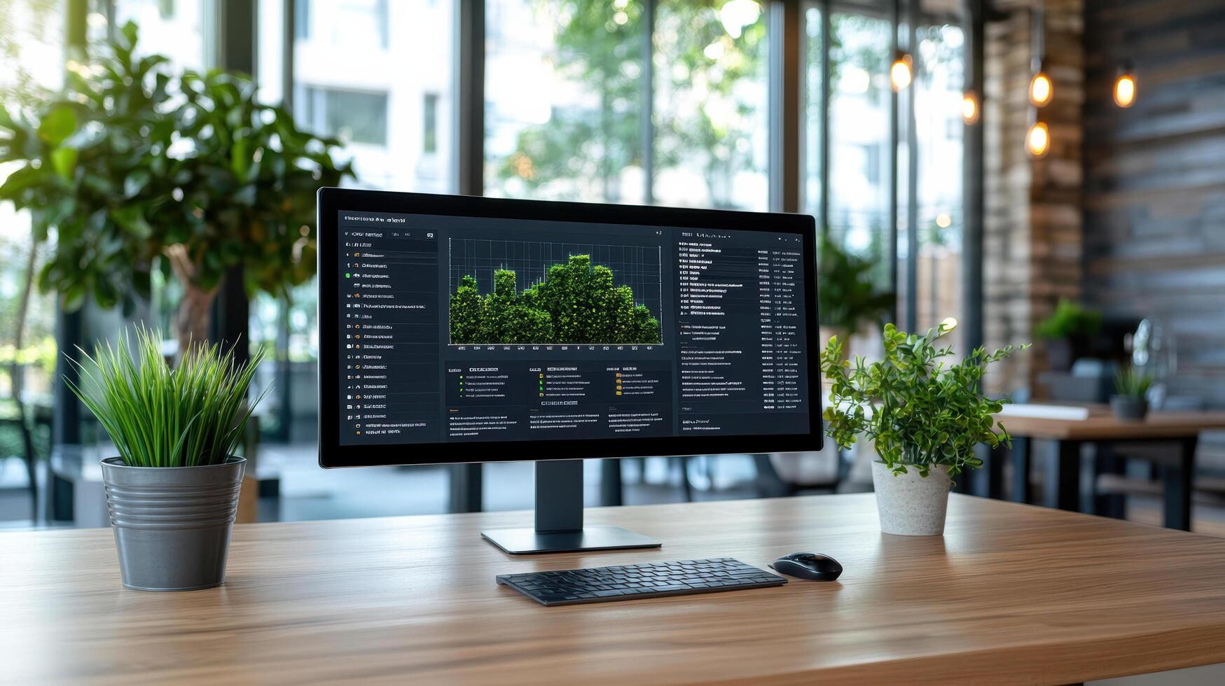 A computer monitor on a desk with plants and a keyboard photo