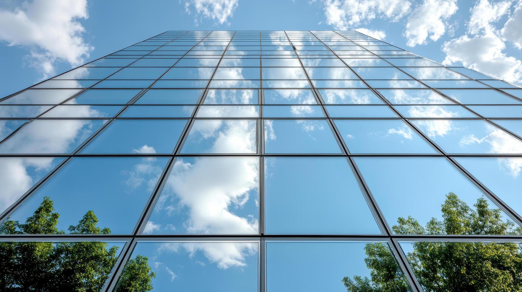 A tall building with trees and clouds reflected in the glass photo