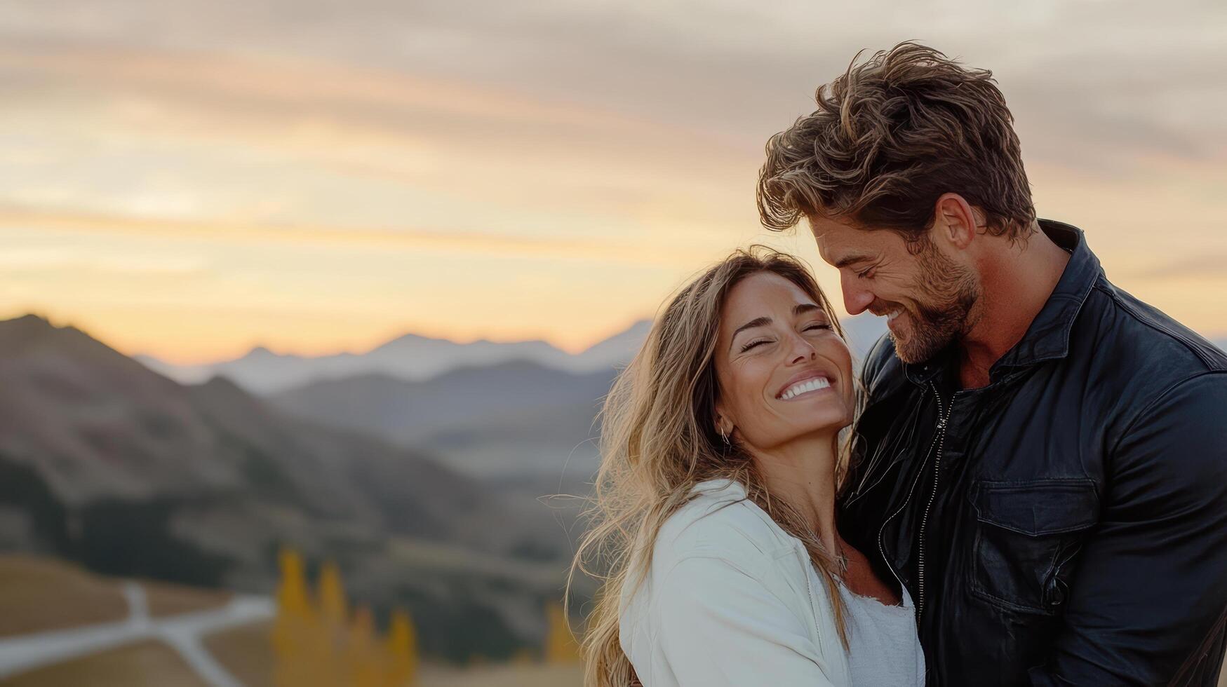 A man and woman are smiling at the camera while standing in front of a mountain photo