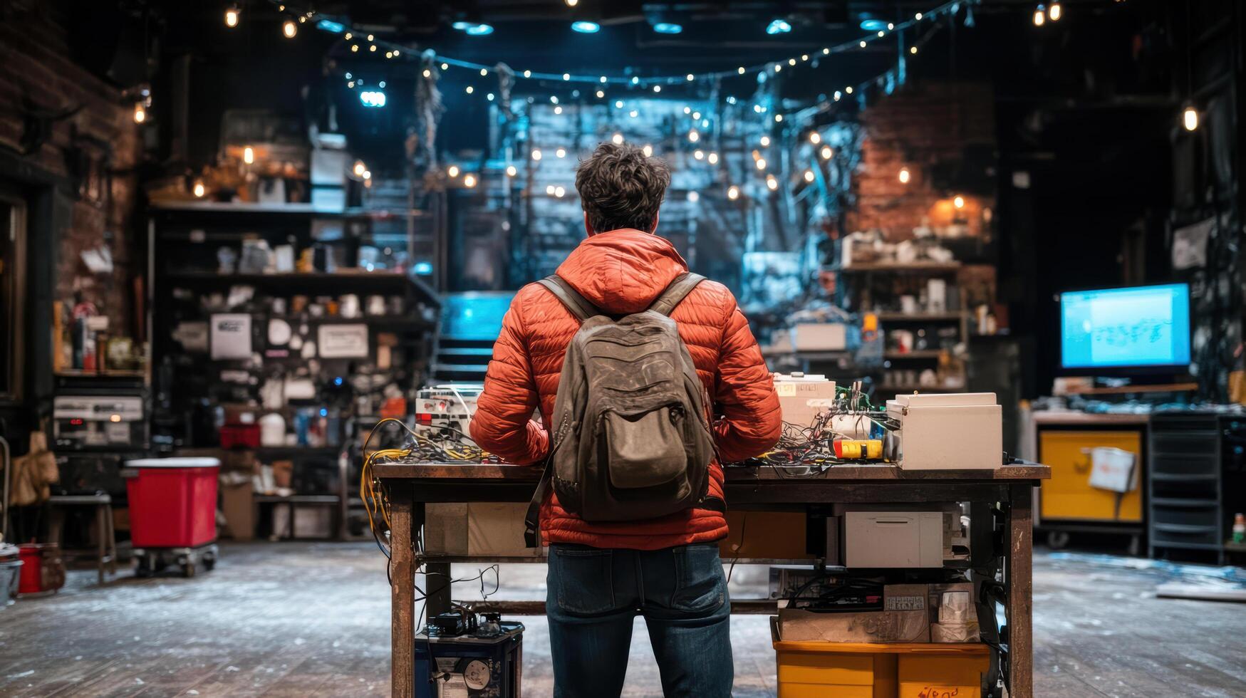 A man standing in front of a table with a backpack photo