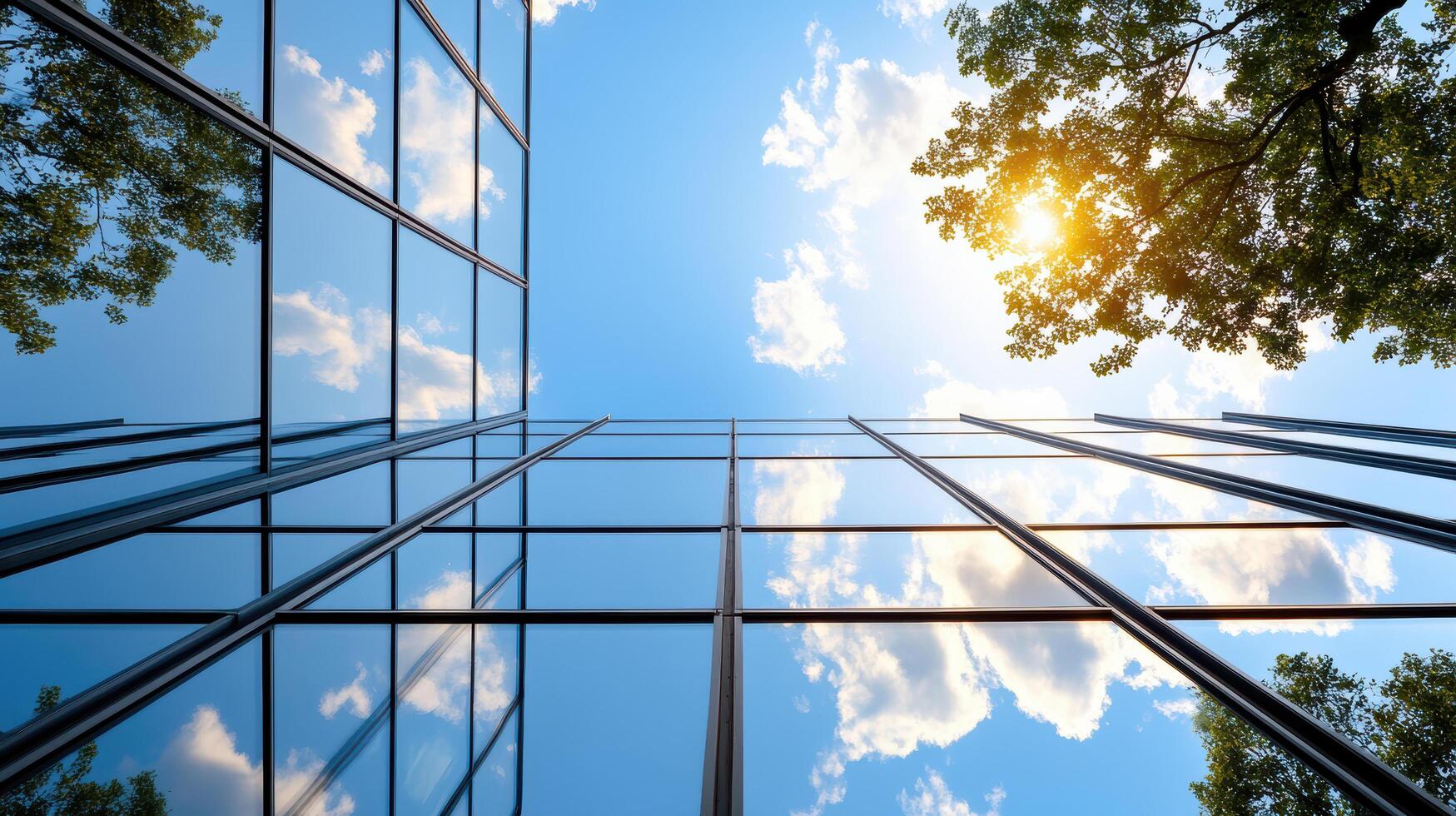 A view of the sky and trees reflected in the windows of a building photo