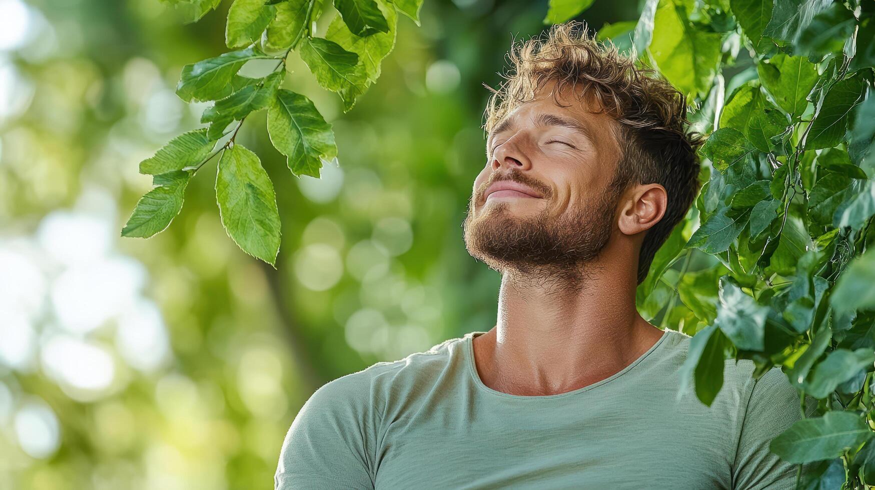 A man is looking up at the sky while standing in front of green leaves photo