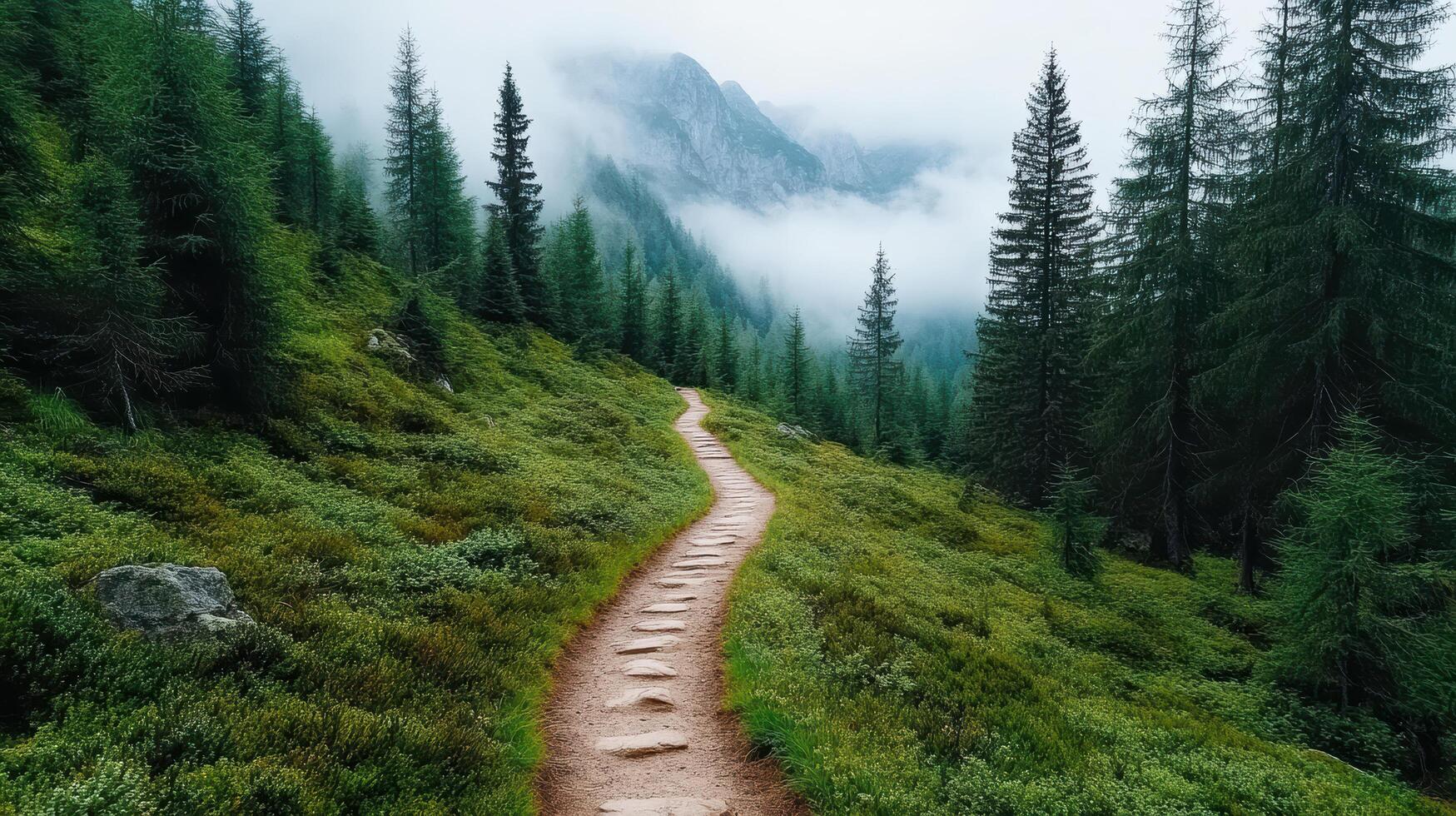 A path in the mountains with trees and fog photo