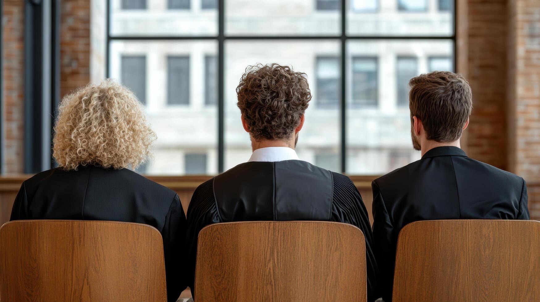 Three people sitting in a row in front of a window photo