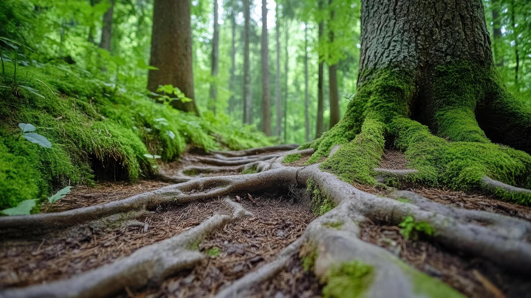 A tree with roots in the middle of a forest photo