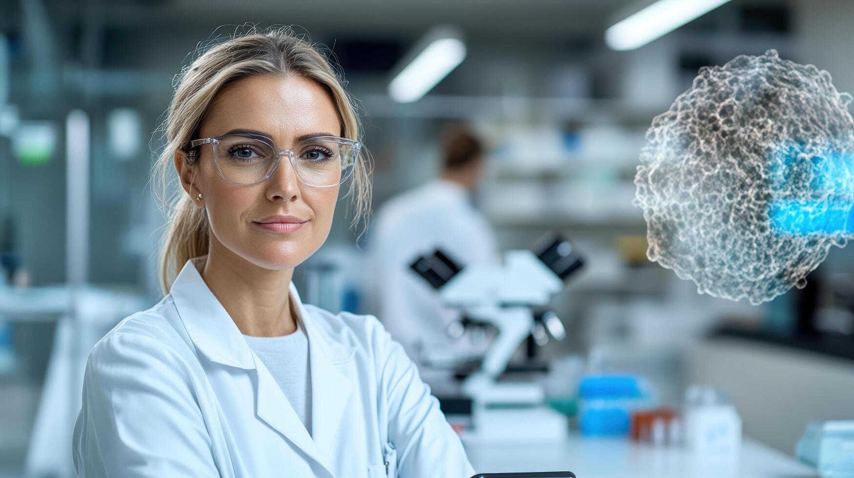 A woman in a lab coat is standing in front of a computer screen photo