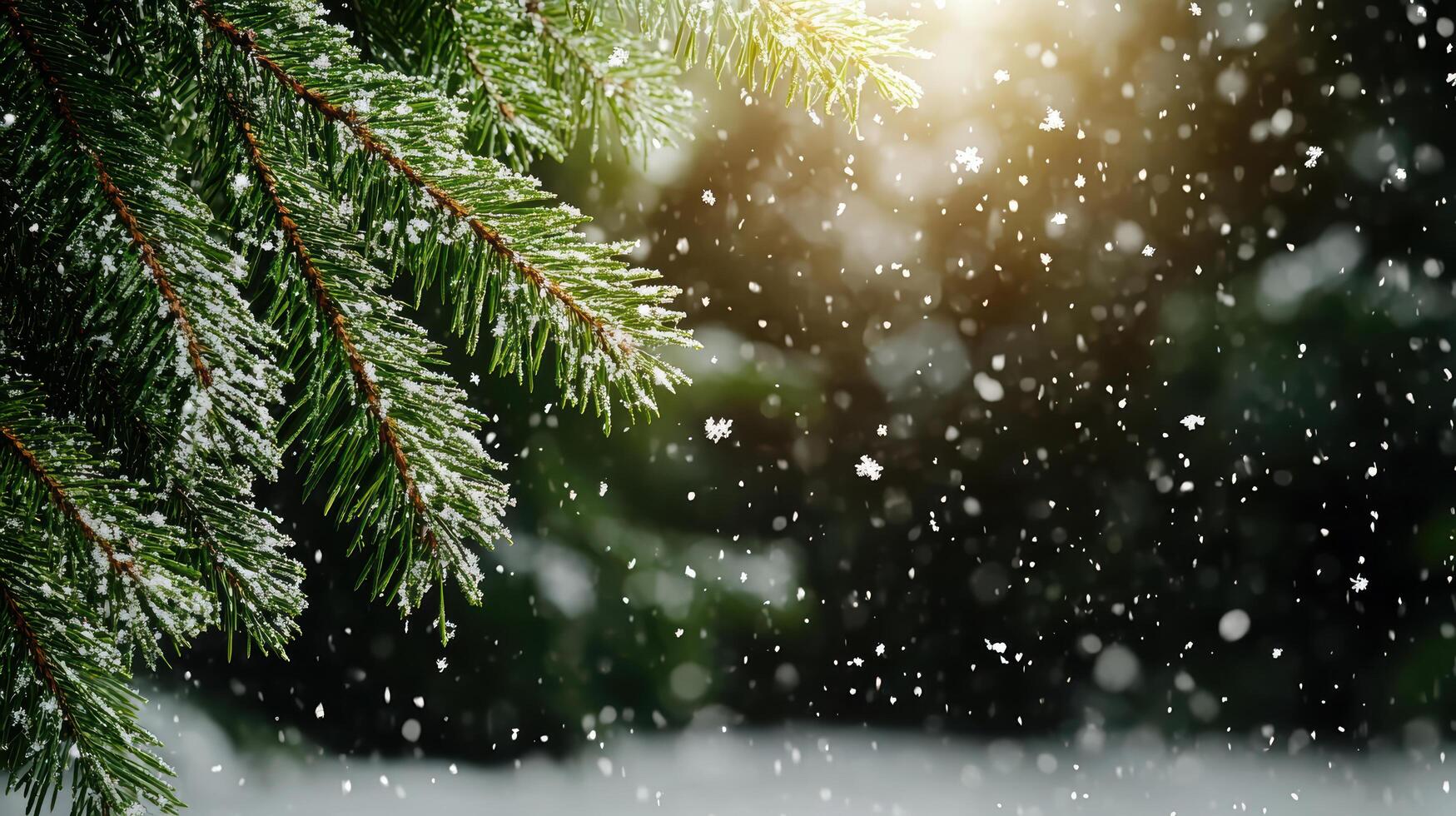 Christmas background with snow and pine tree branches photo
