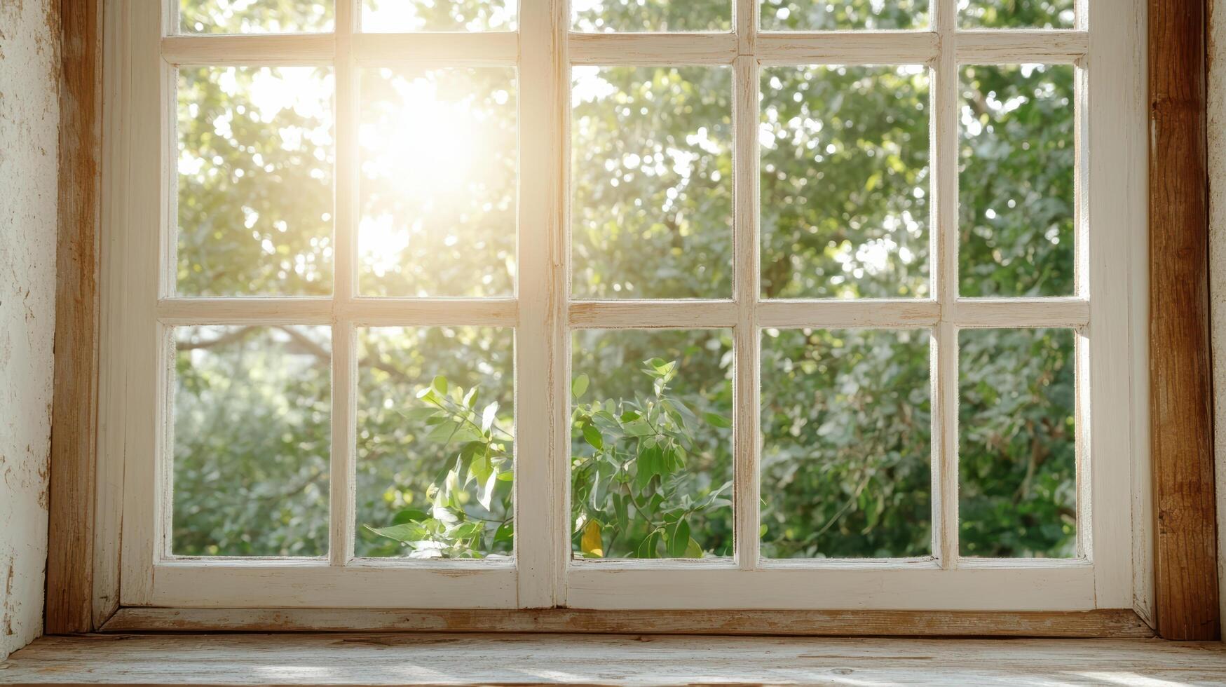 A window with a view of the sun shining through the window photo