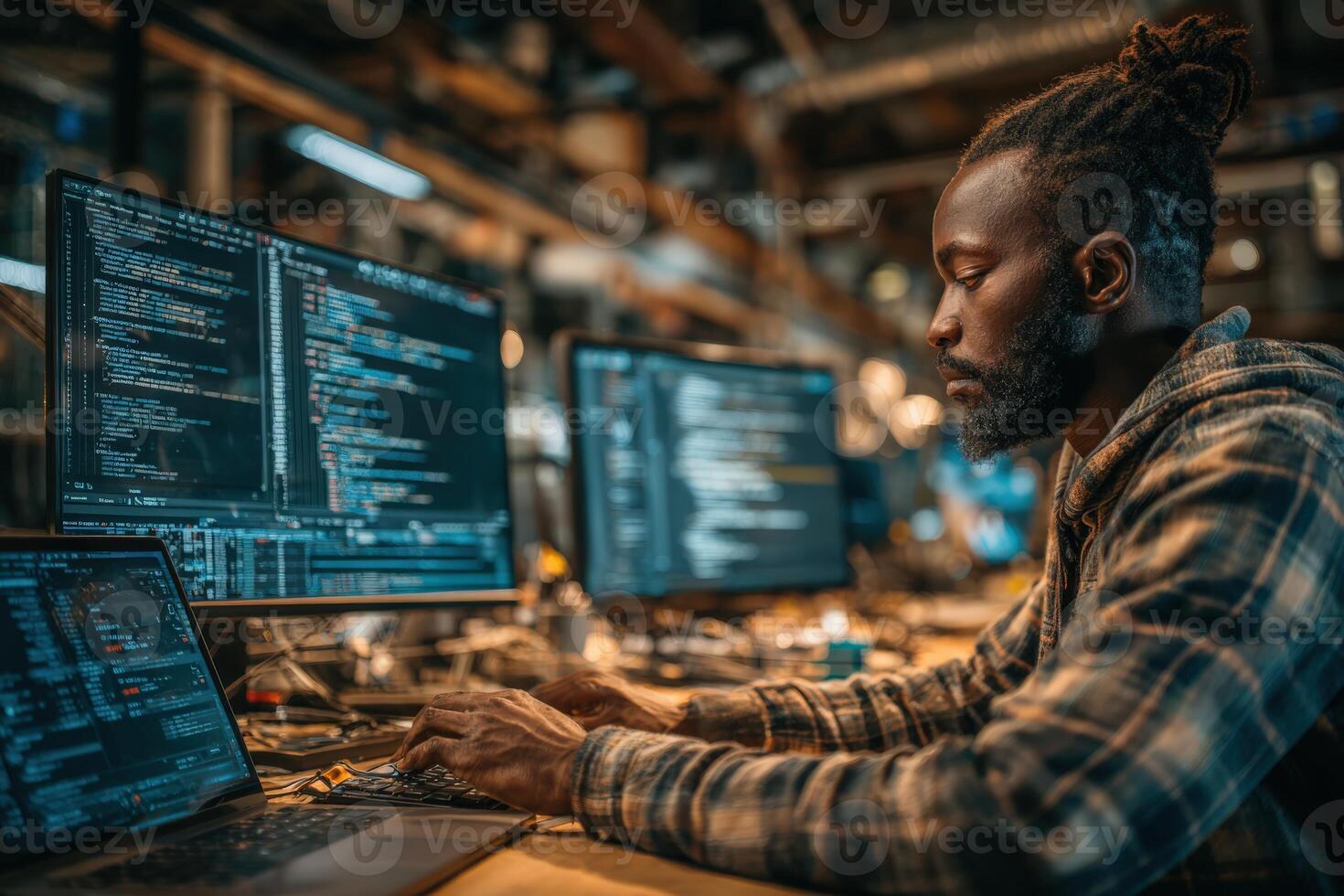 African American man focused on coding at a desk with multiple computer screens displaying programming code, immersed in a tech workspace with warm lighting and modern equipment photo