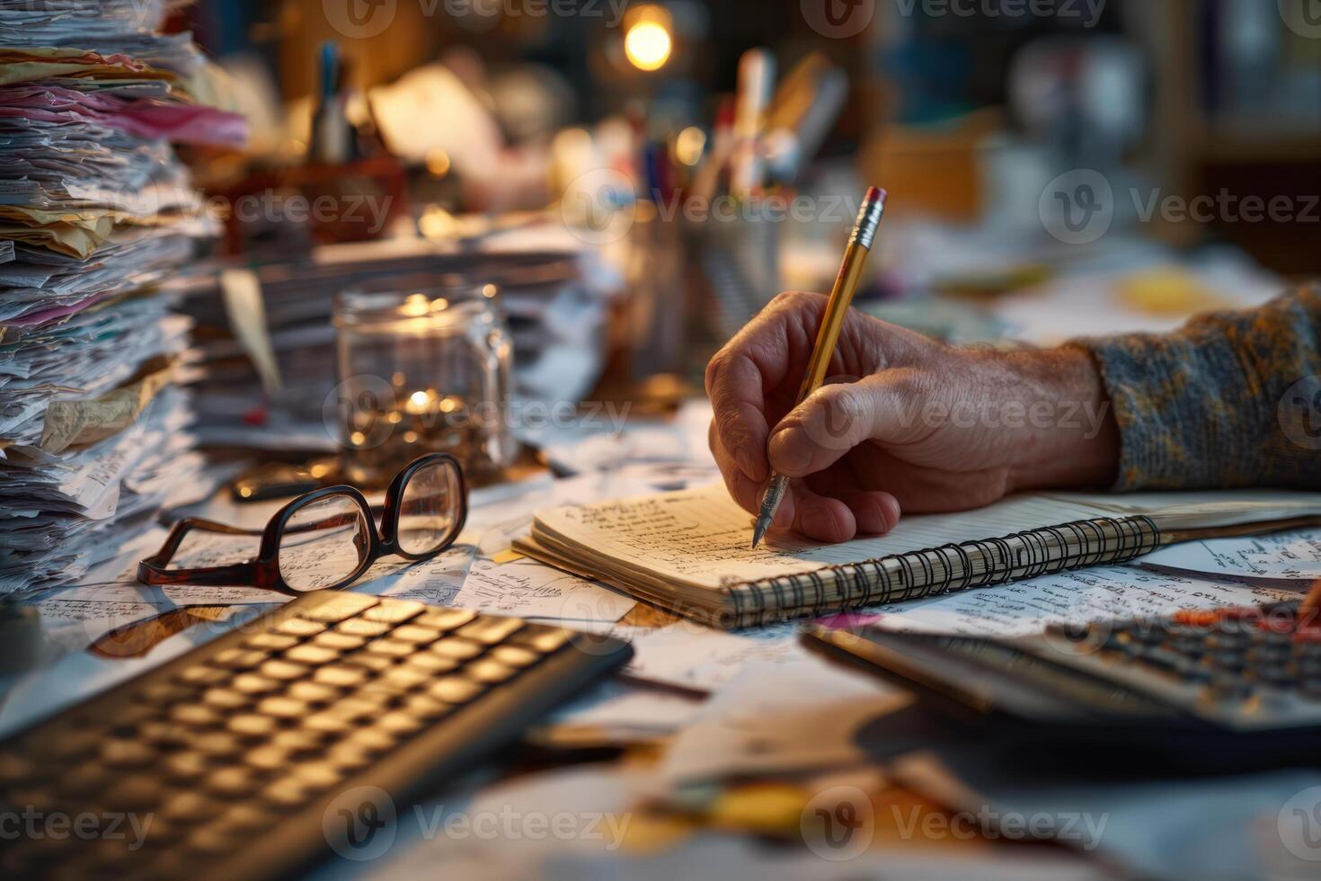 Male individual with glasses is writing notes in a notebook while surrounded by paperwork, calculator, and a warm ambient light, illustrating a busy workspace atmosphere photo
