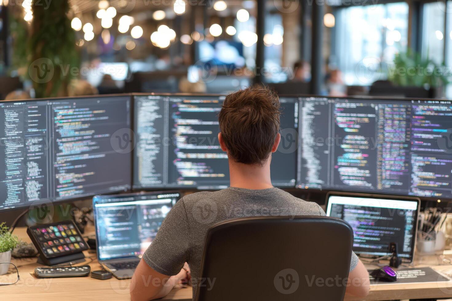 Male software developer seated at a modern workstation, focused on multiple screens displaying code, surrounded by a vibrant office environment, showcasing technology and collaboration photo
