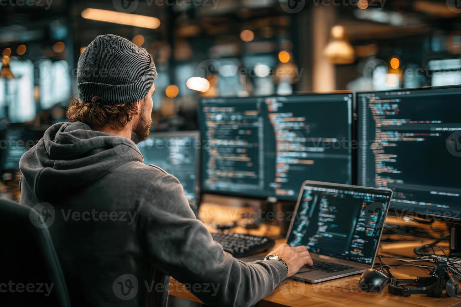 Male programmer wearing a beanie, focused on coding at a desk with multiple monitors displaying lines of code, showcasing a modern tech workspace environment photo