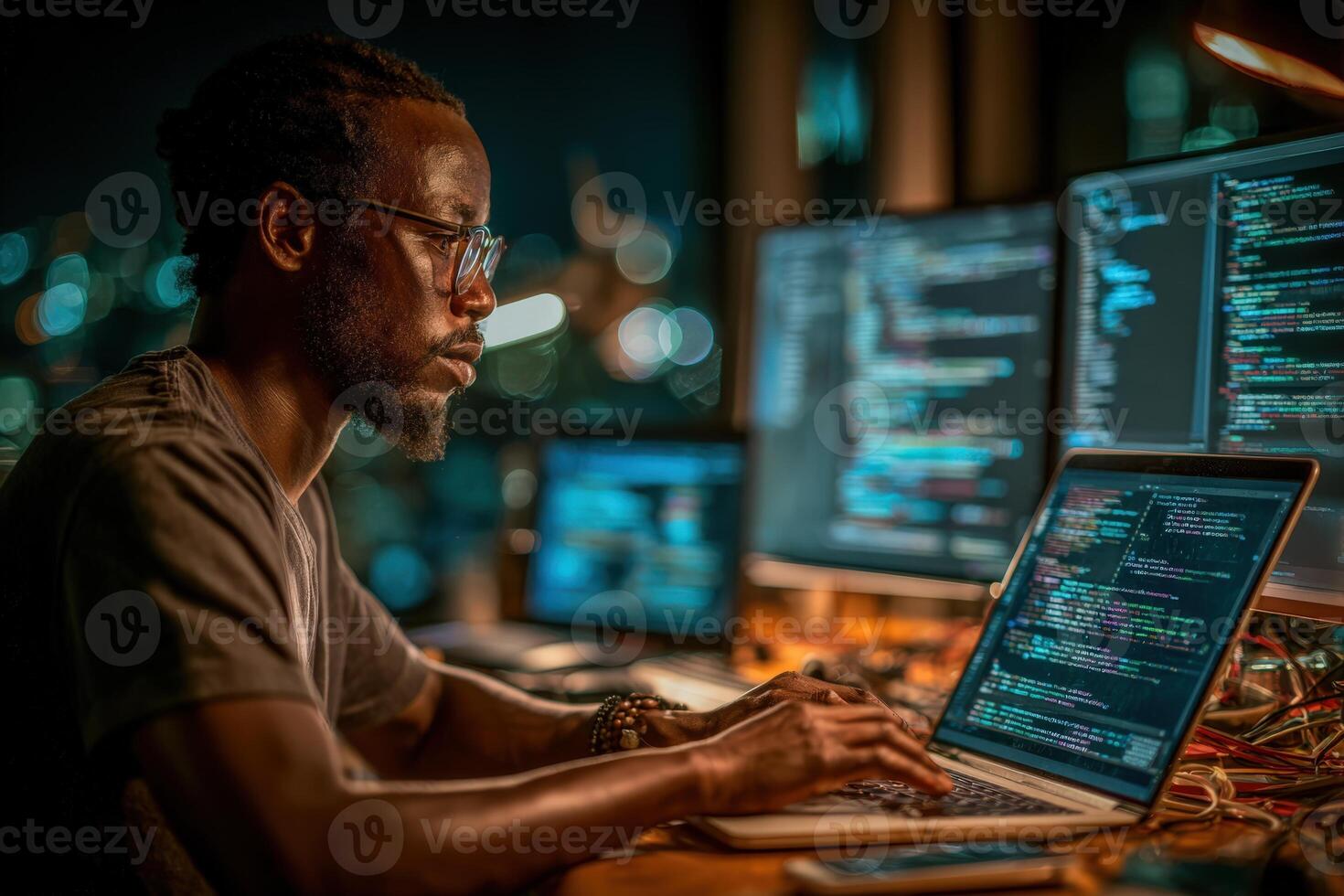 African American man focused on coding at night, surrounded by multiple computer screens displaying programming languages, immersed in a tech-driven workspace atmosphere photo