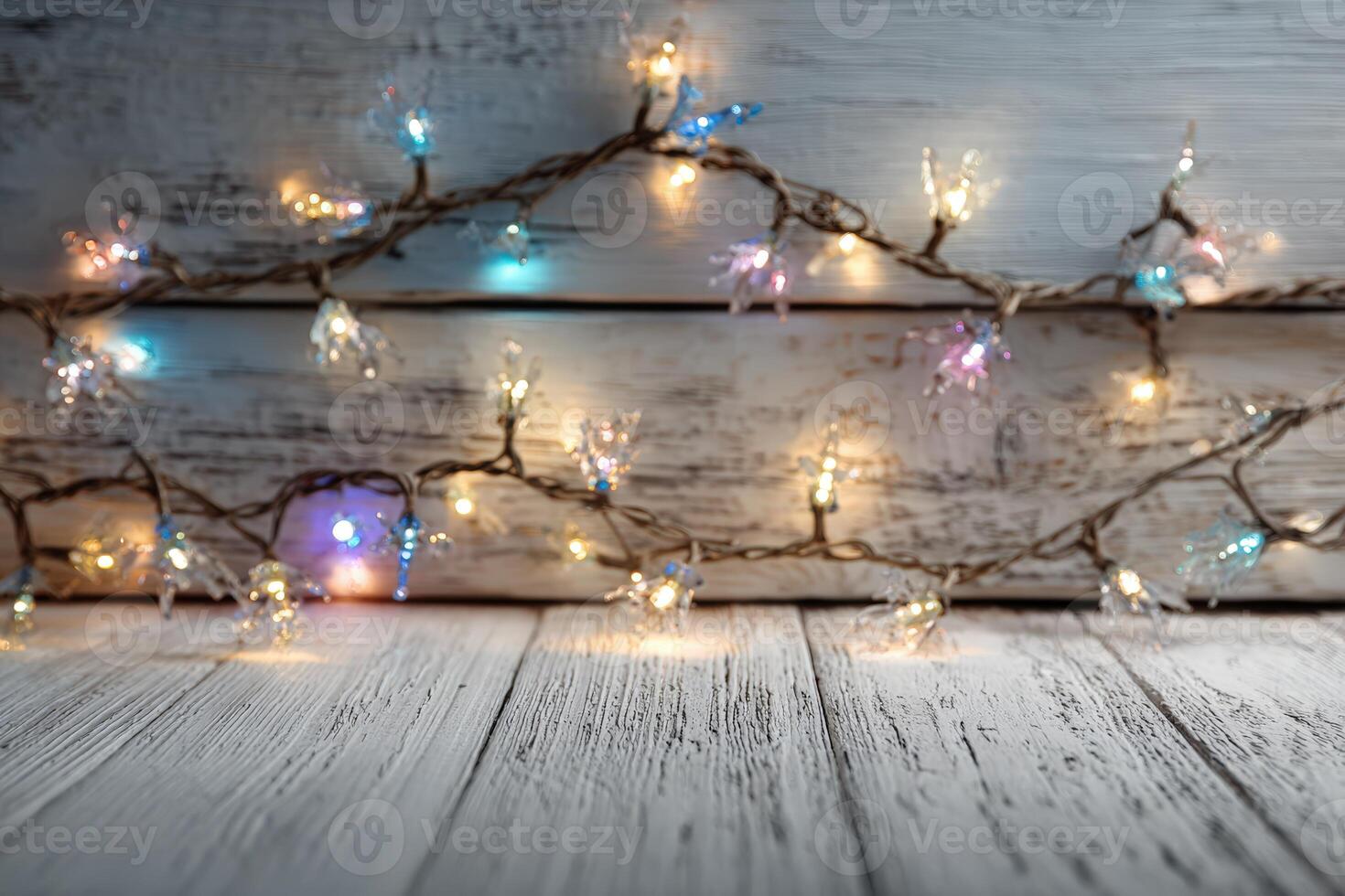 Colorful string lights with glowing bulbs are elegantly draped over rustic wooden planks, creating a warm and inviting atmosphere for festive celebrations and cozy gatherings photo