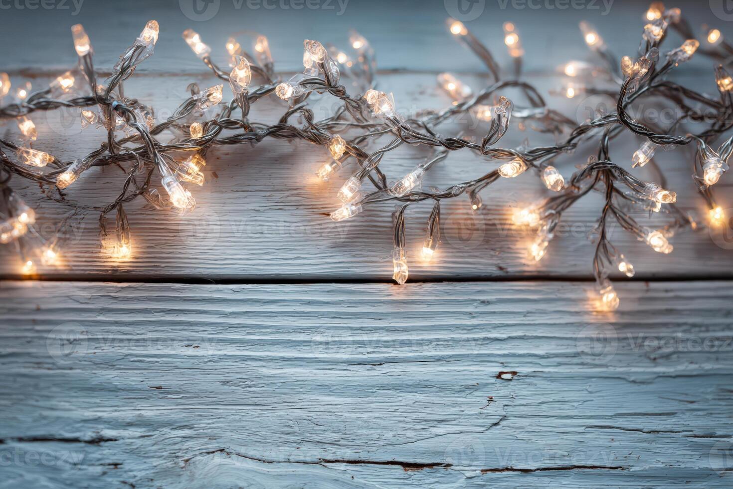 string lights with warm glowing bulbs are elegantly arranged on a rustic wooden surface, creating a cozy and inviting atmosphere for festive celebrations and gatherings photo