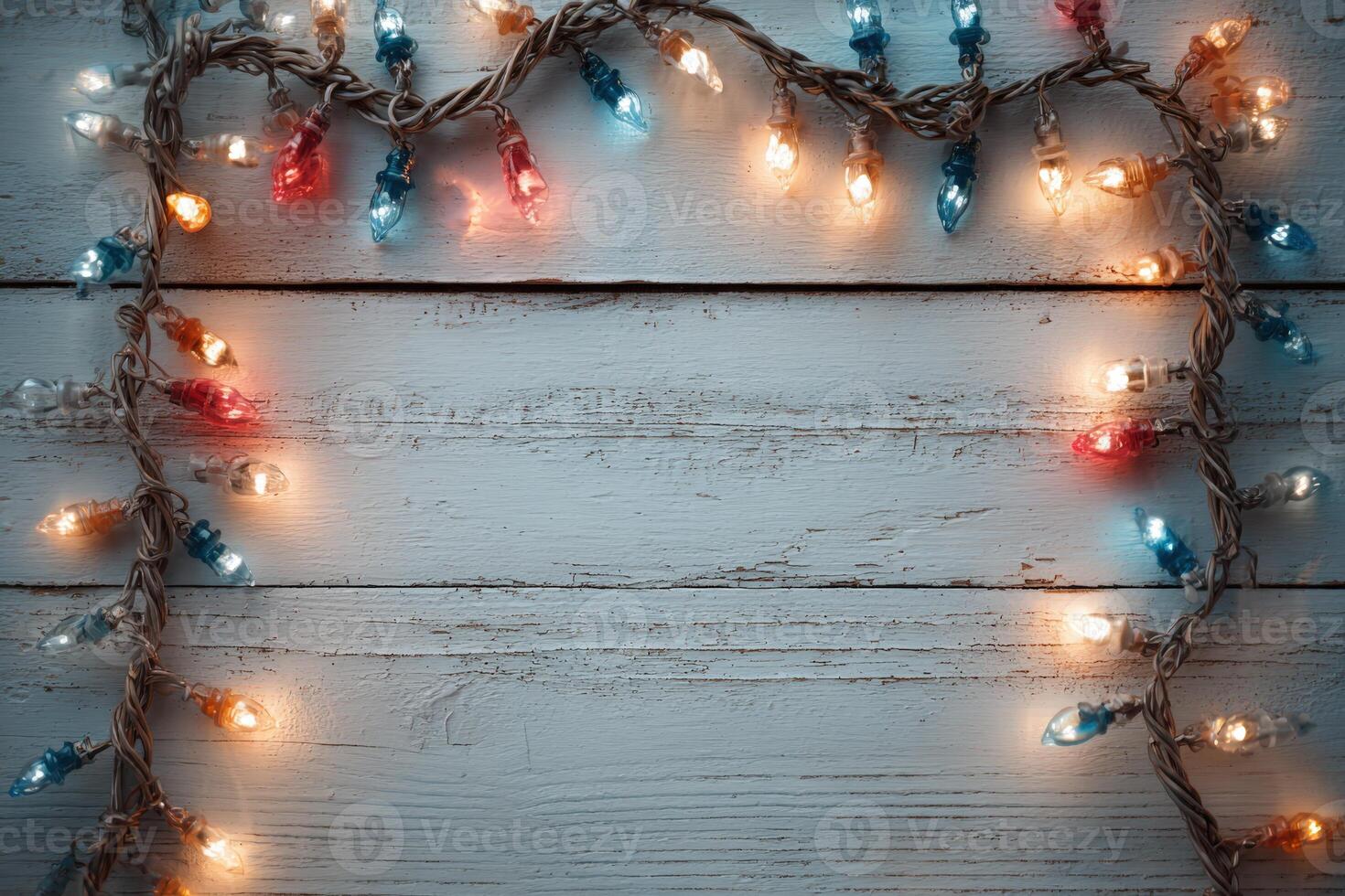 Colorful string lights in red, blue, and warm white are arranged on a rustic wooden surface, creating a festive atmosphere perfect for holiday celebrations and gatherings photo