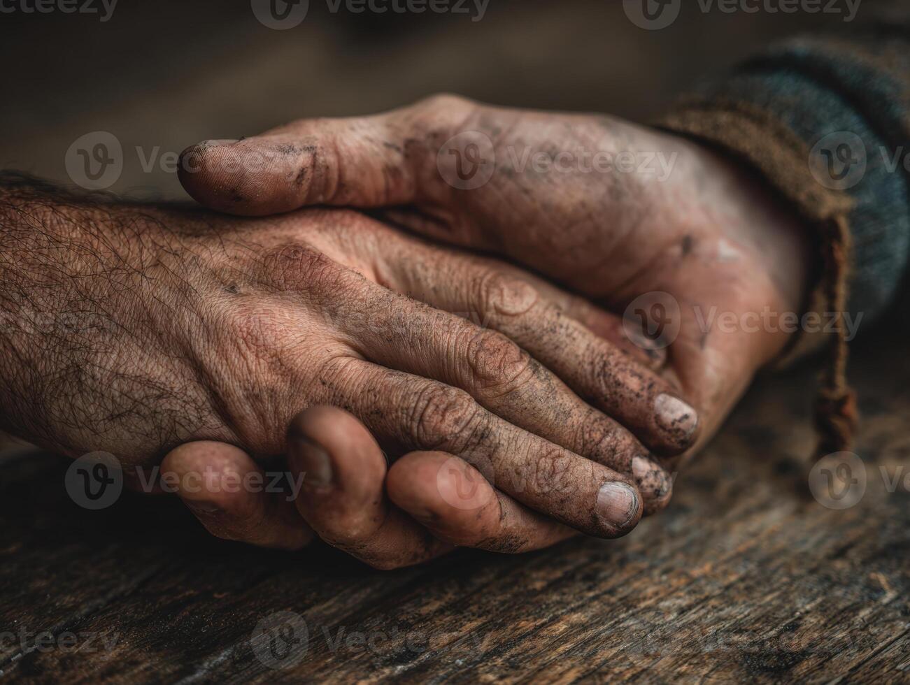 Two hands, one with dirt and calluses, clasping another, showcasing the bond of friendship and support, against a rustic wooden background, symbolizing unity and connection photo