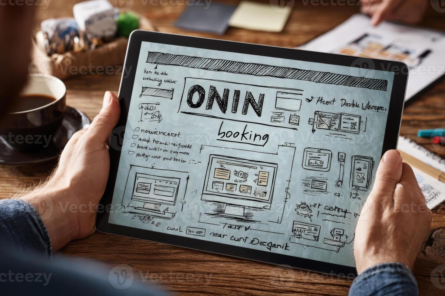 Digital tablet displaying mock up design sketches for online booking system, showcasing user interface elements and layout ideas for a modern application concept photo
