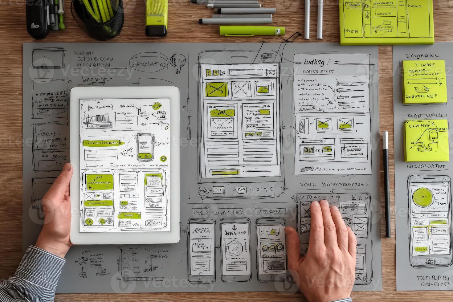 Hands of a designer sketching user interface concepts on a wooden desk, featuring digital tablet and sticky notes, showcasing creative process and brainstorming session photo