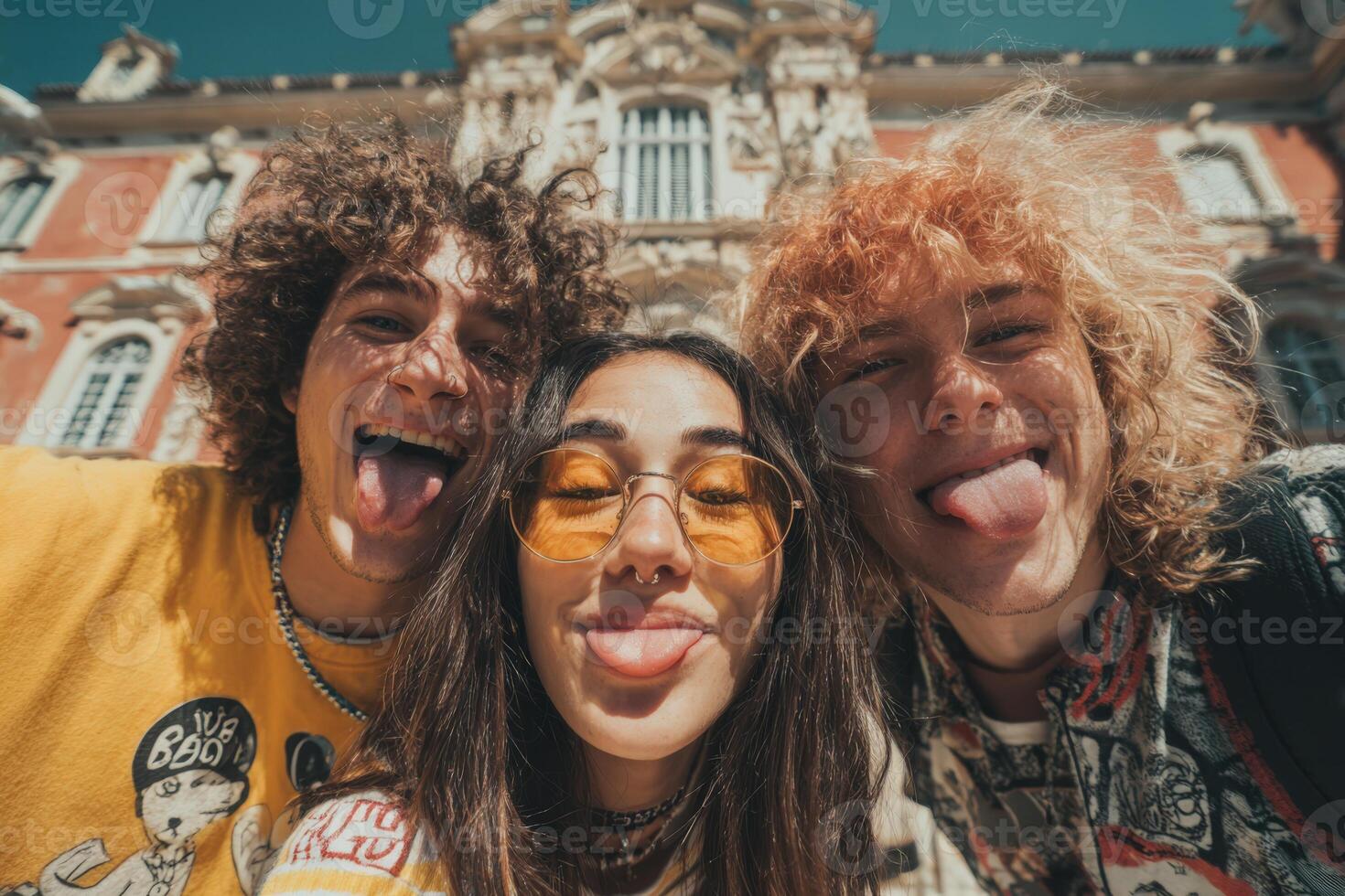 Group of three young adults with playful expressions, posing outdoors in bright sunlight, showcasing friendship and joy in a vibrant urban setting with historical architecture photo