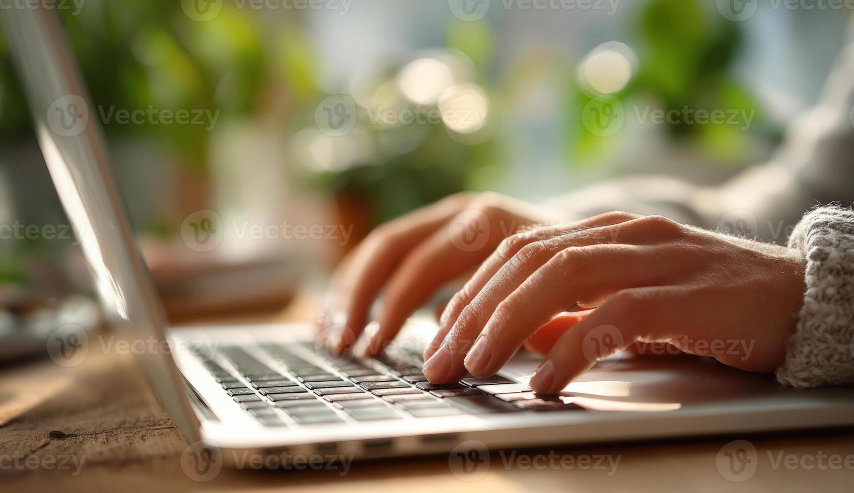 Hands of a person typing on a laptop keyboard, surrounded by greenery and natural light, creating a warm and inviting workspace atmosphere for productivity and creativity photo