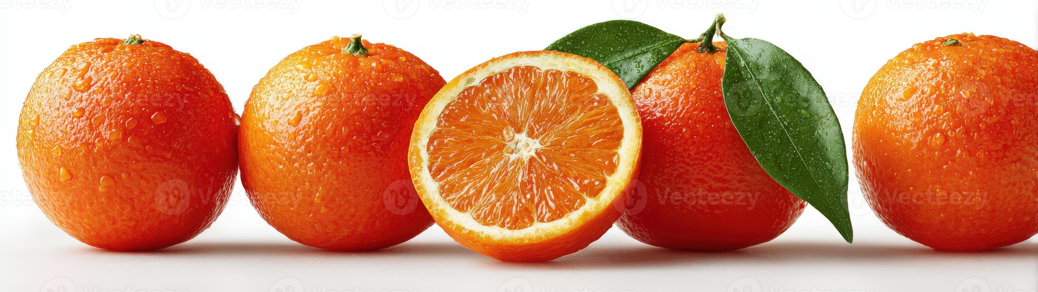 Fresh oranges arranged in a row, showcasing vibrant color and texture, with one orange sliced open to reveal juicy segments and green leaves for added freshness photo